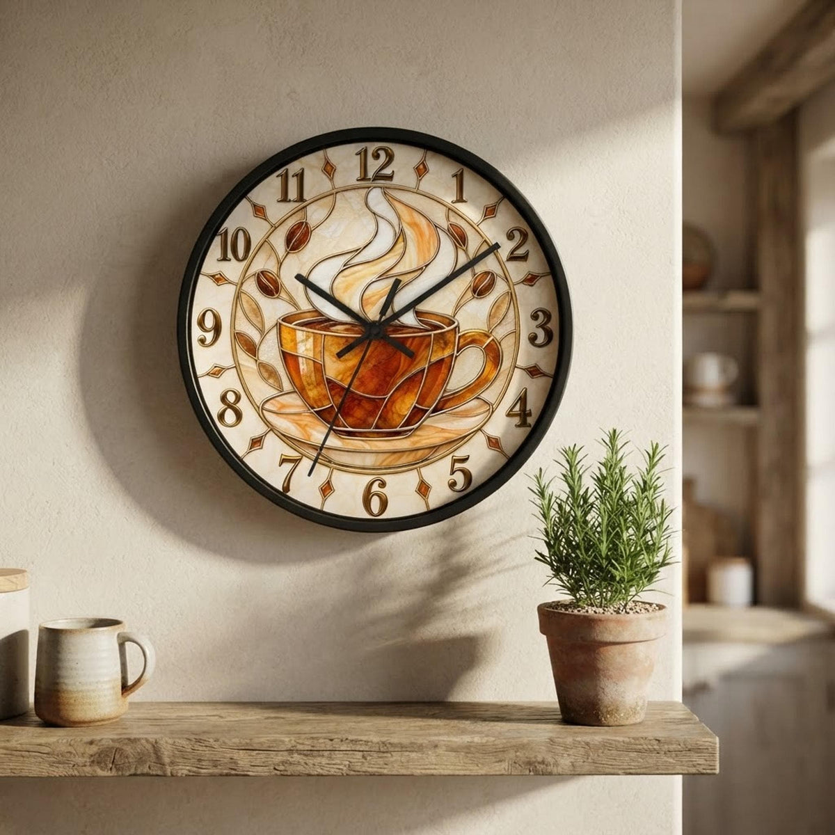 Coffee Cup Clock, 10-Inch Stained Glass Print with Silent Wall Mechanism