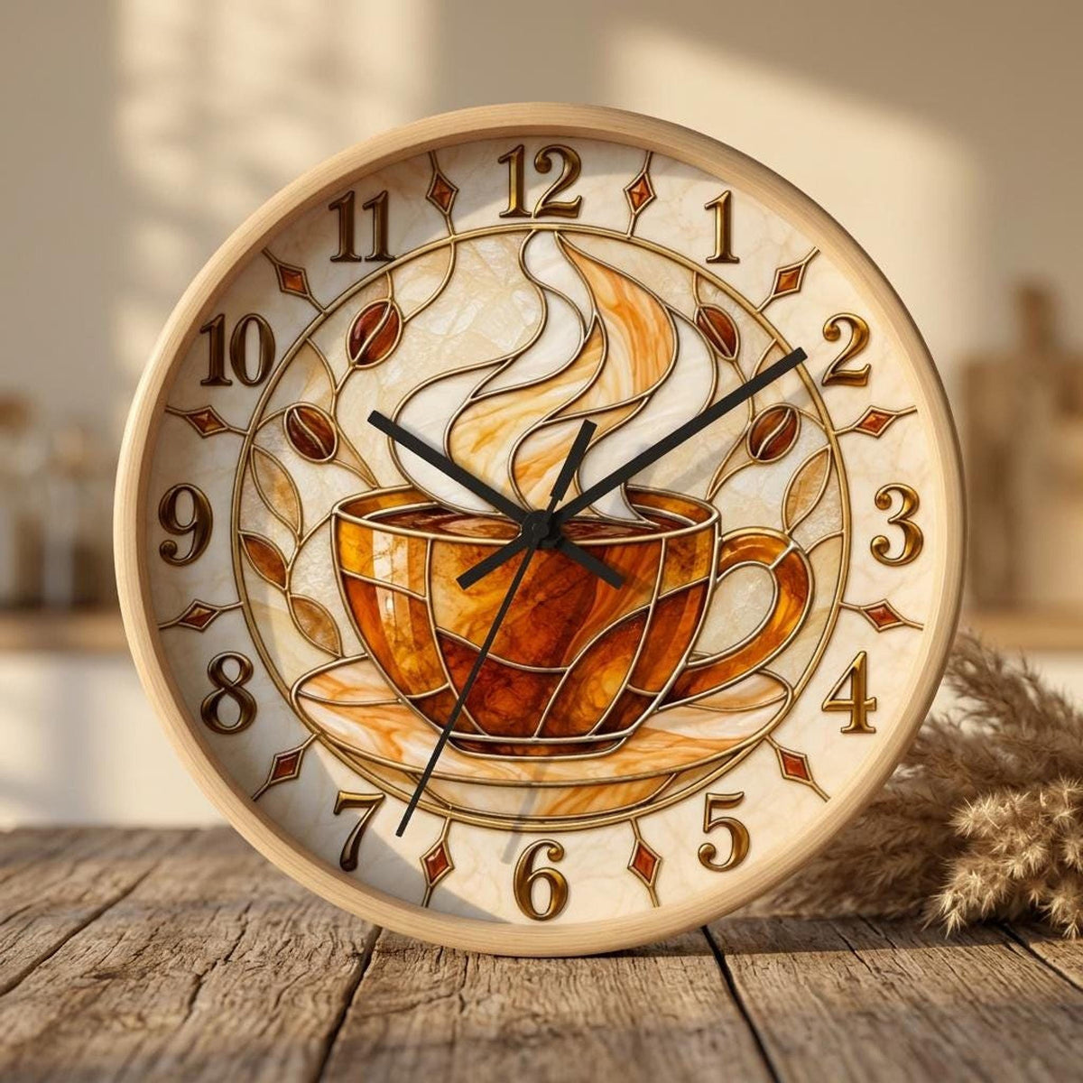 Coffee Cup Clock, 10-Inch Stained Glass Print with Silent Wall Mechanism