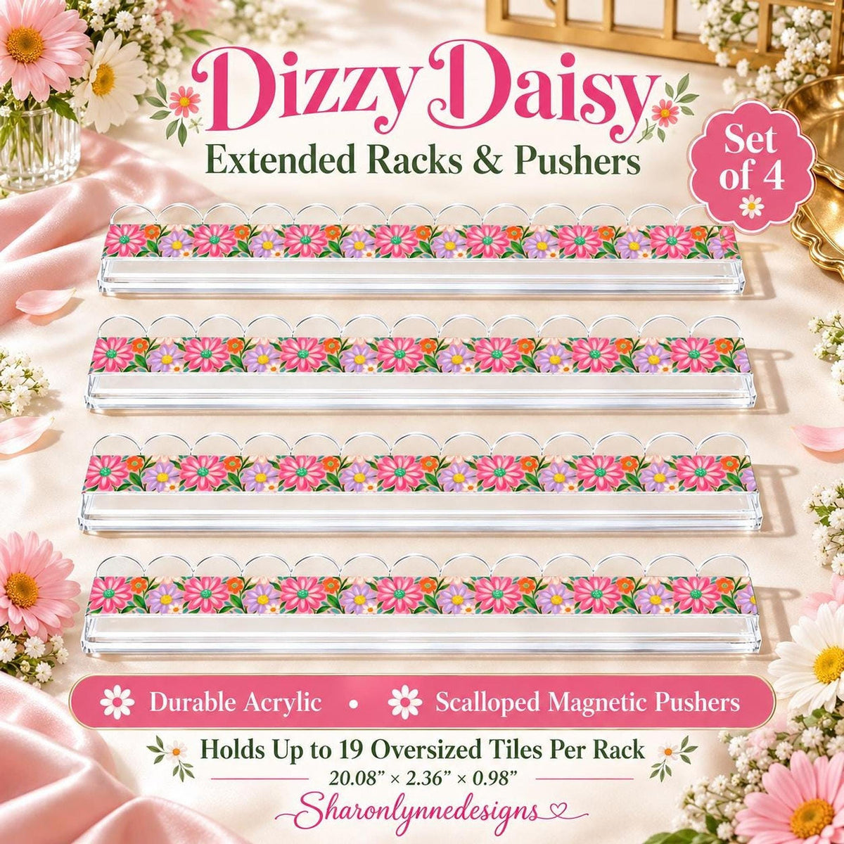 Dizzy Daisy Extended Mahjong Rack Set of 4  Scalloped Magnetic Tile Pusher