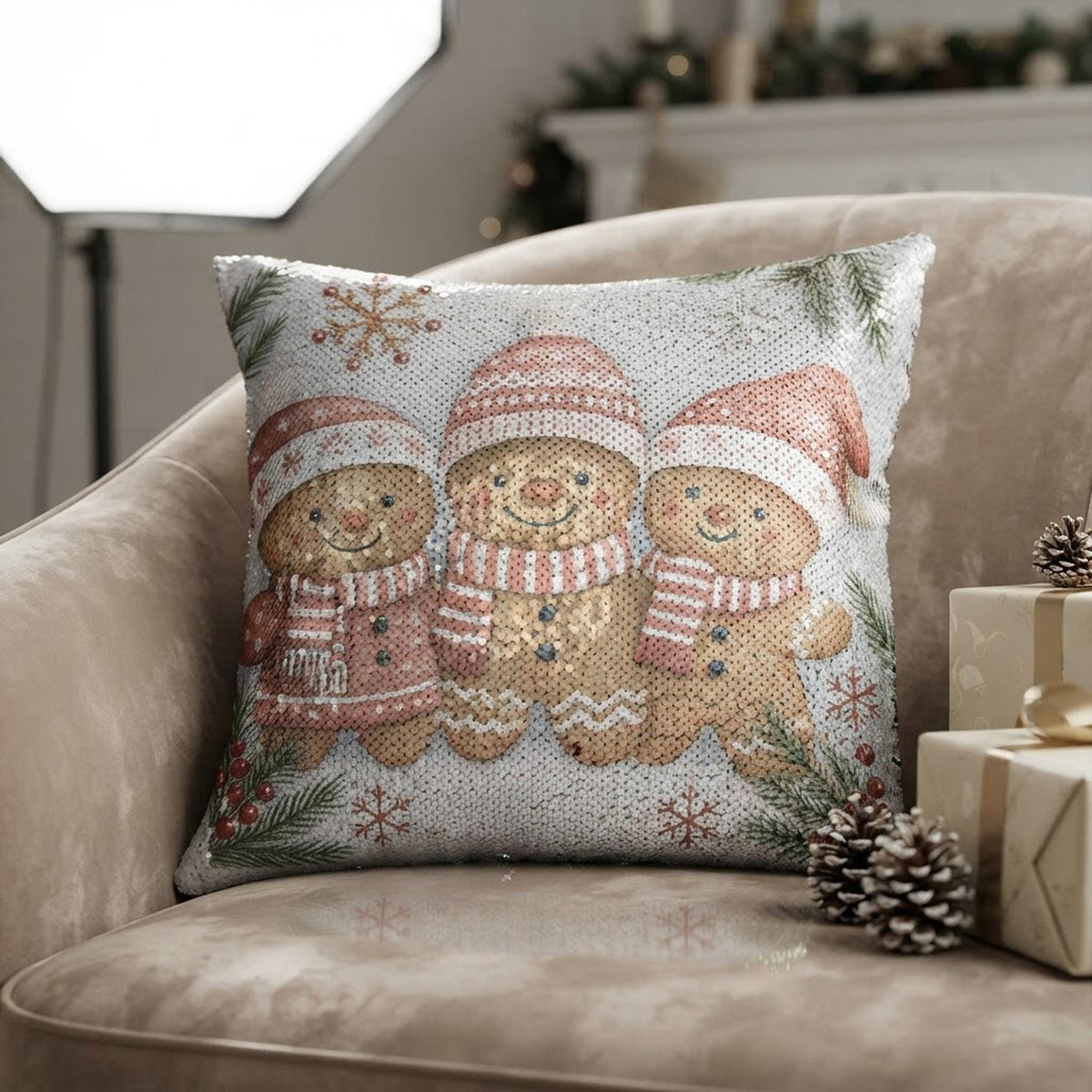 Gingerbread Man Sequin Pillow Cover, 15.5-Inch Reversible Christmas Cushion