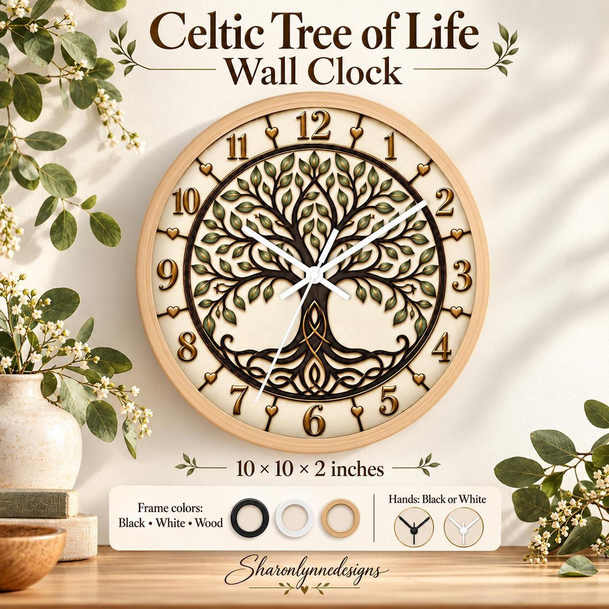 Celtic Tree of Life Wall Clock | Woodland Roots and Leaves, Rustic Numerals