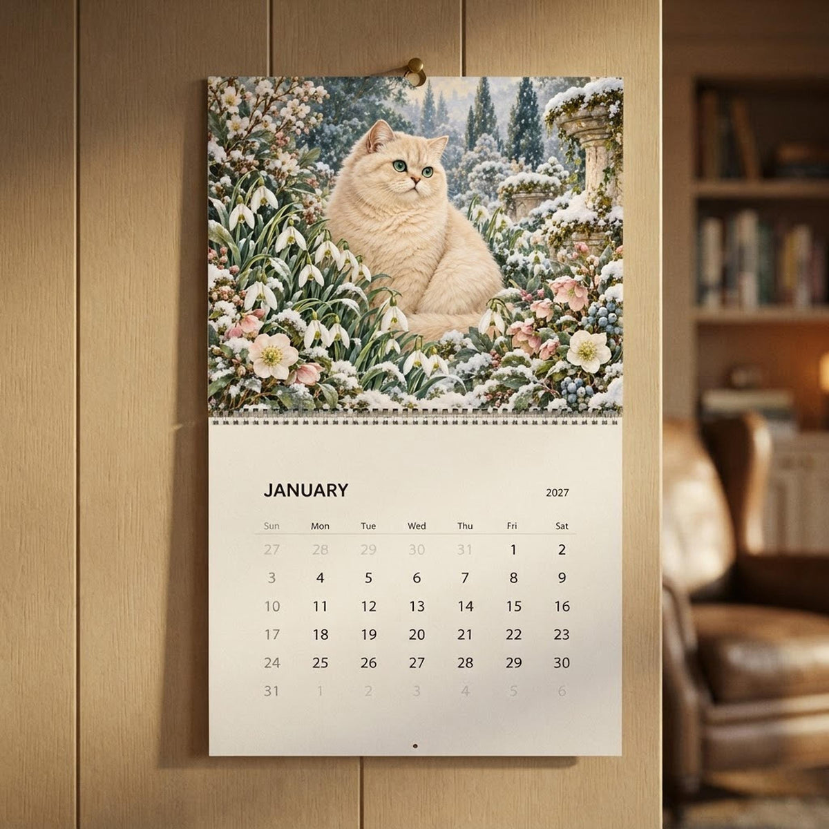 2027 Cat Wall Calendar, Illustrated Seasonal Scenes with Matte Monthly Grids
