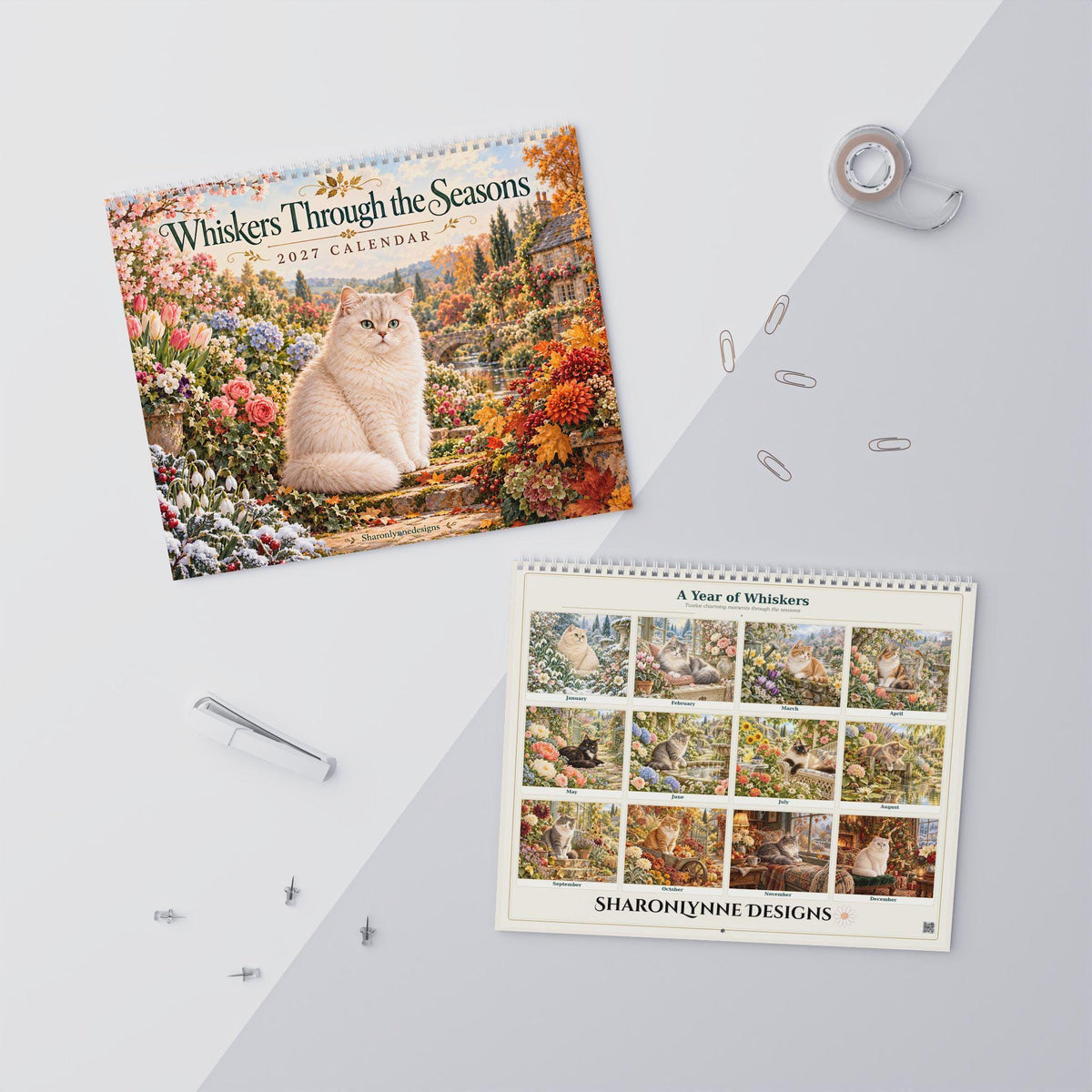 2027 Cat Wall Calendar, Illustrated Seasonal Scenes with Matte Monthly Grids