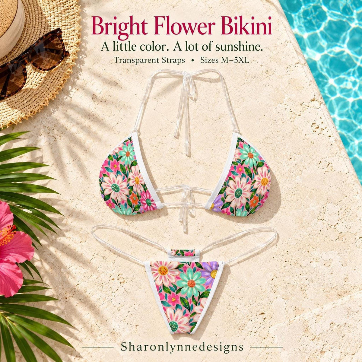 Bright Floral Bikini, Polyester Two-Piece Swimsuit With Clear Straps, M–5XL