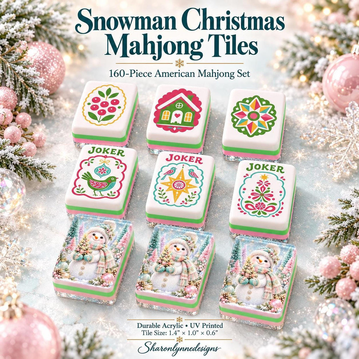 Snowman Christmas Mahjong Tile Set, Acrylic American Pastel Holiday Design