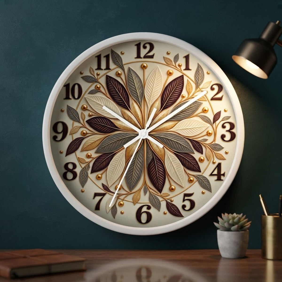 Autumn Leaf Mandala Wall Clock, 10-Inch Plexiglass Floral Face