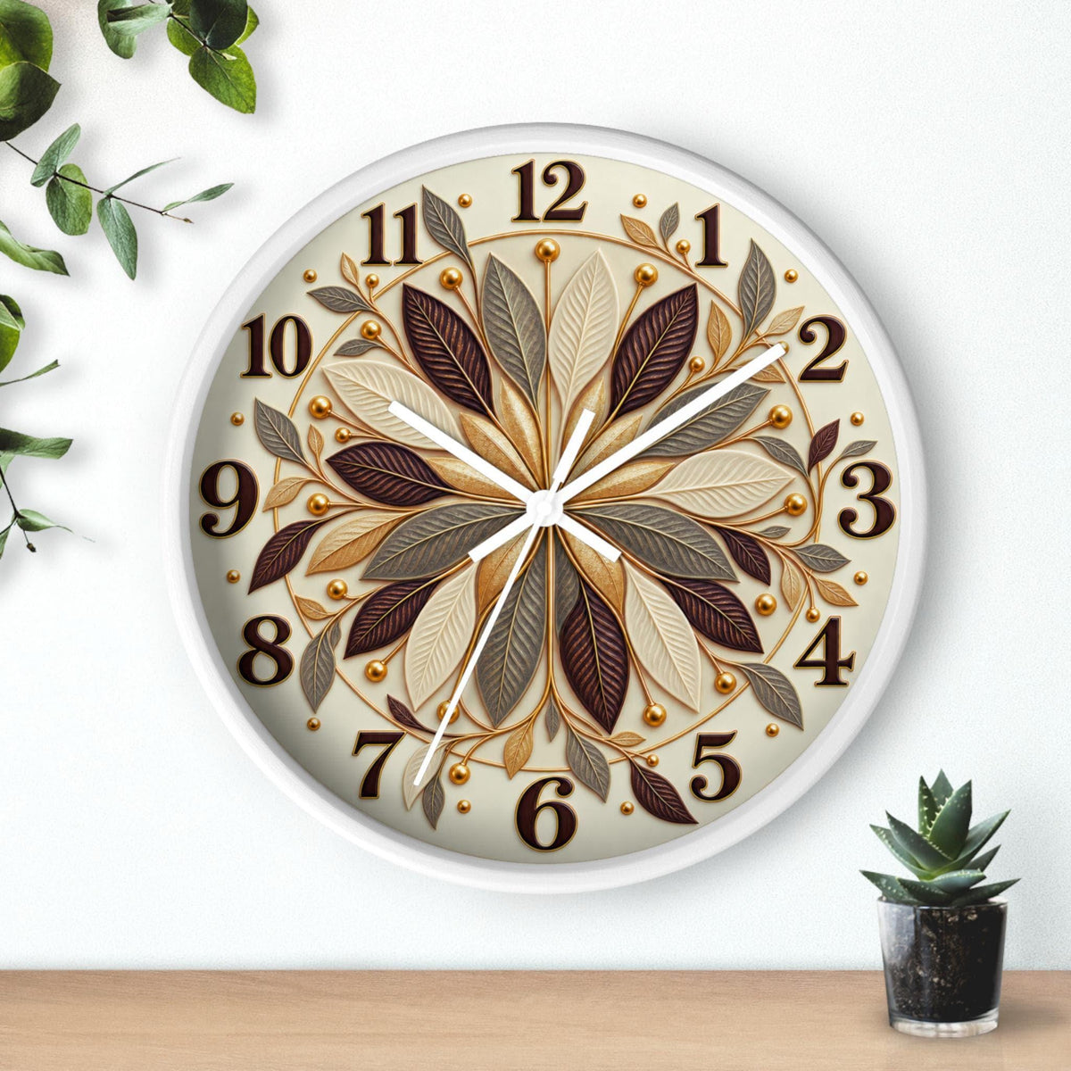 Autumn Leaf Mandala Wall Clock, 10-Inch Plexiglass Floral Face
