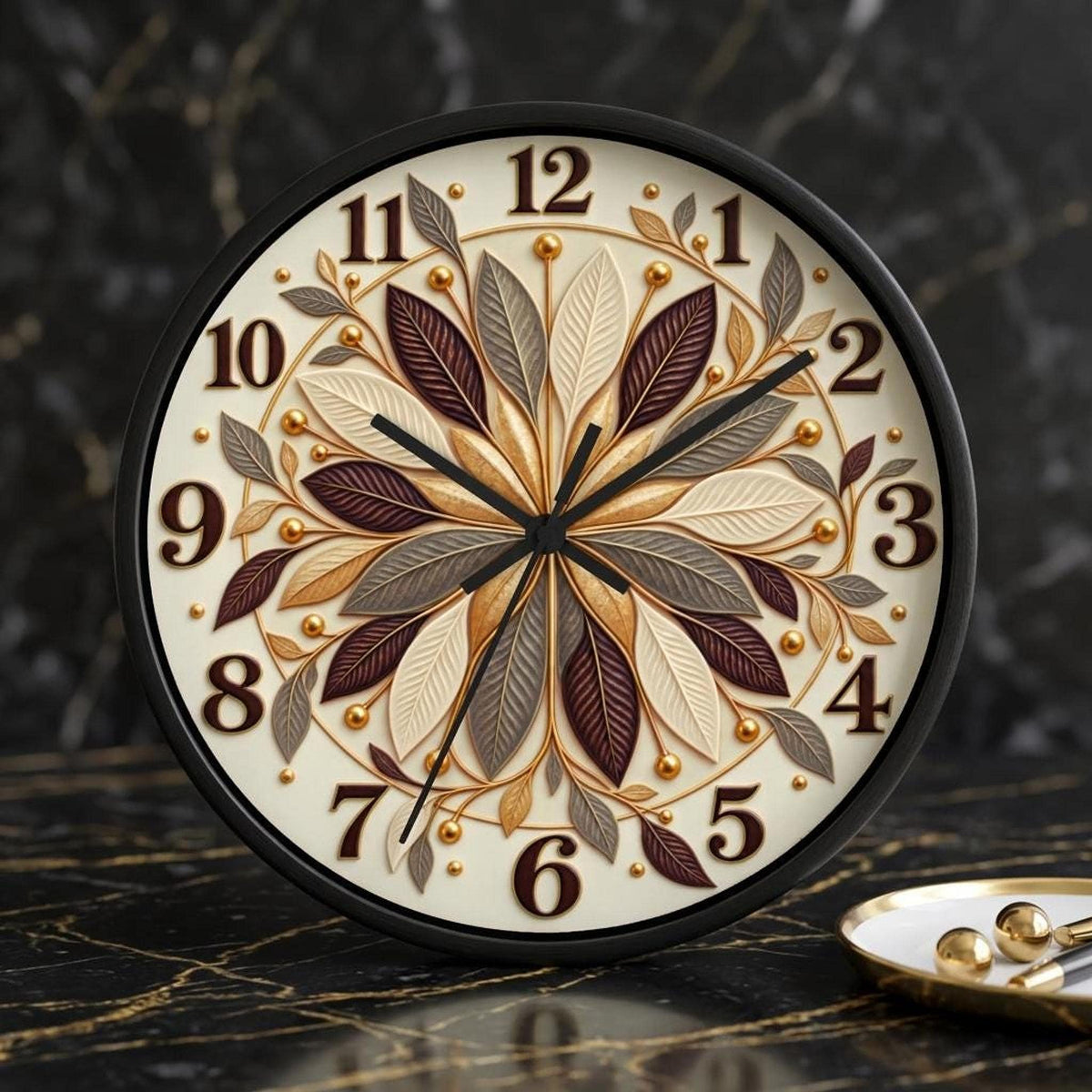 Autumn Leaf Mandala Wall Clock, 10-Inch Plexiglass Floral Face
