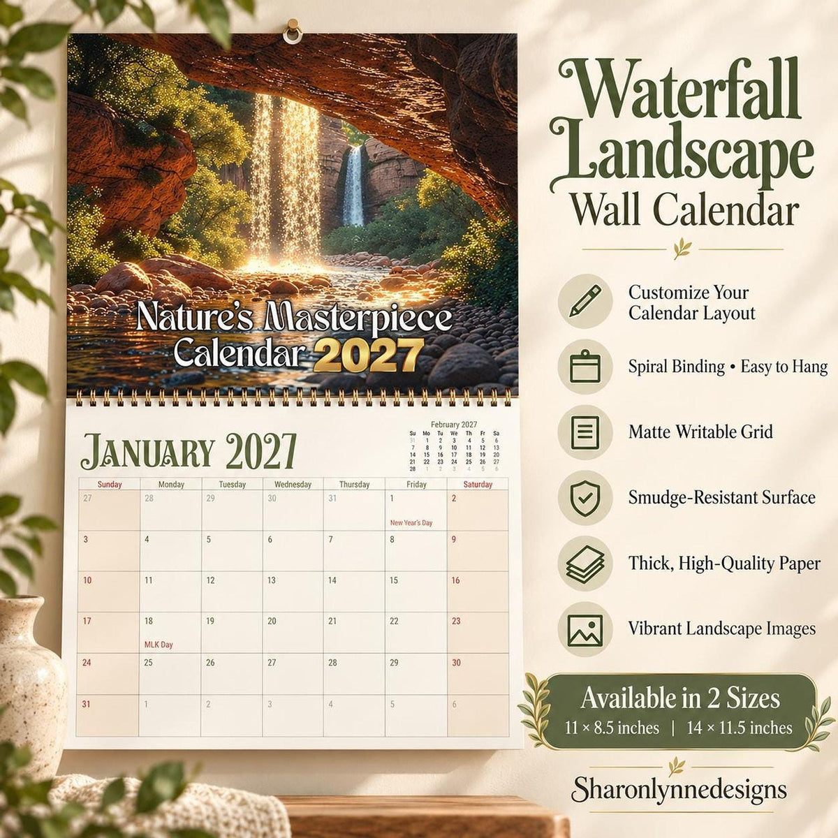 Waterfall Landscape Wall Calendar, 2027 Nature Photo Scenes on Matte Paper