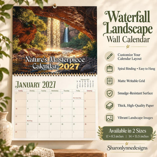 Waterfall Landscape Wall Calendar, 2027 Nature Photo Scenes on Matte Paper
