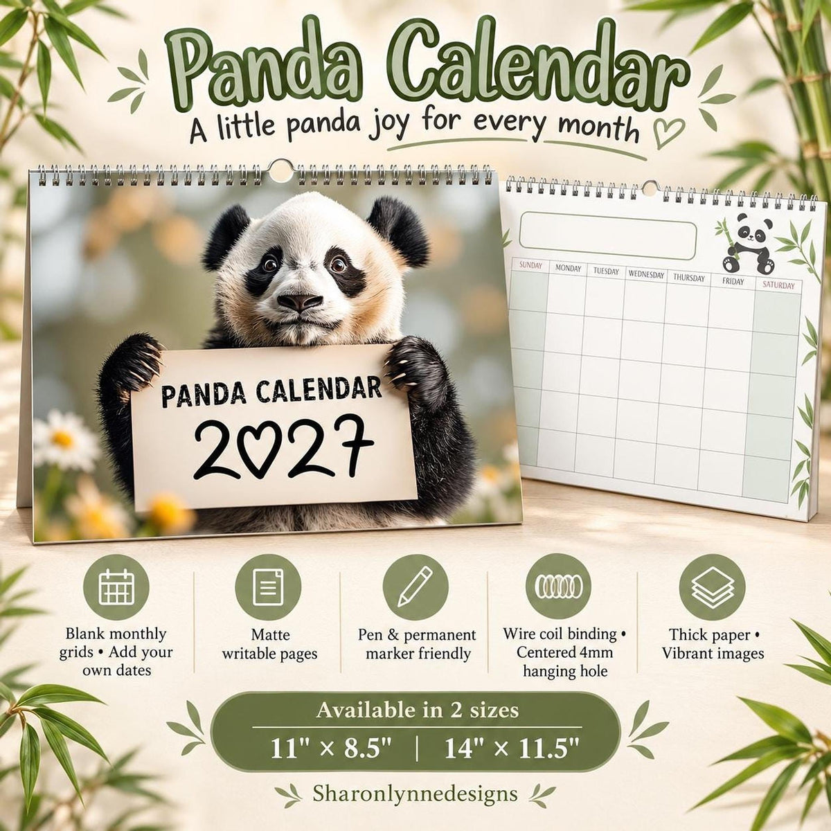 Panda 2027 Wall Calendar, Spiral Bound With Writable Monthly Grids