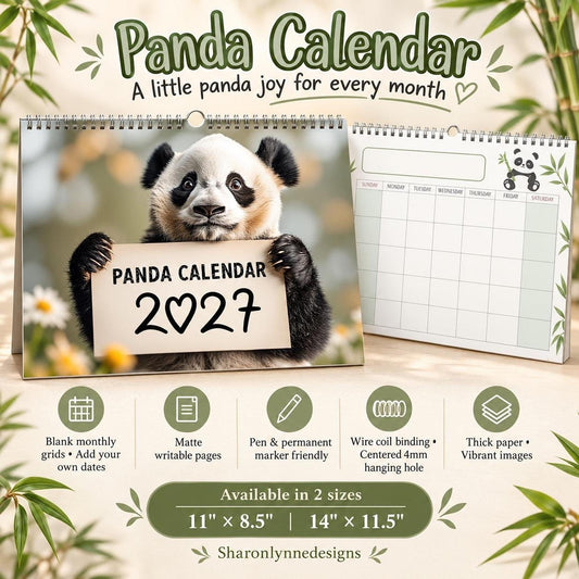Panda 2027 Wall Calendar, Spiral Bound With Writable Monthly Grids
