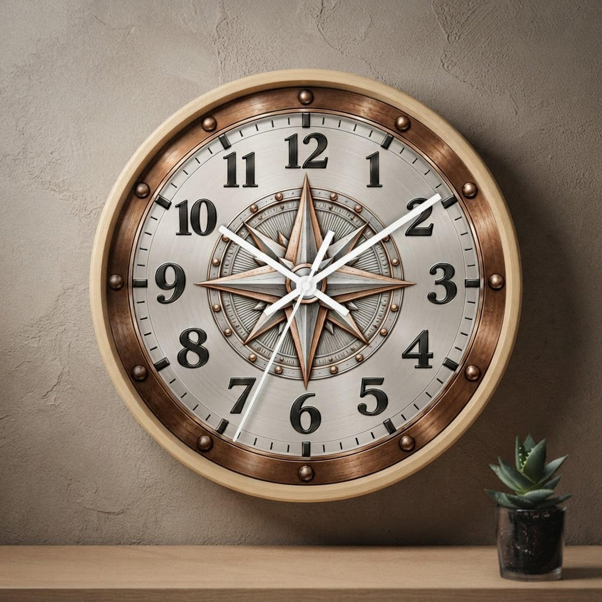 Compass Wall Clock, 10-Inch Wood Frame with Silent Movement