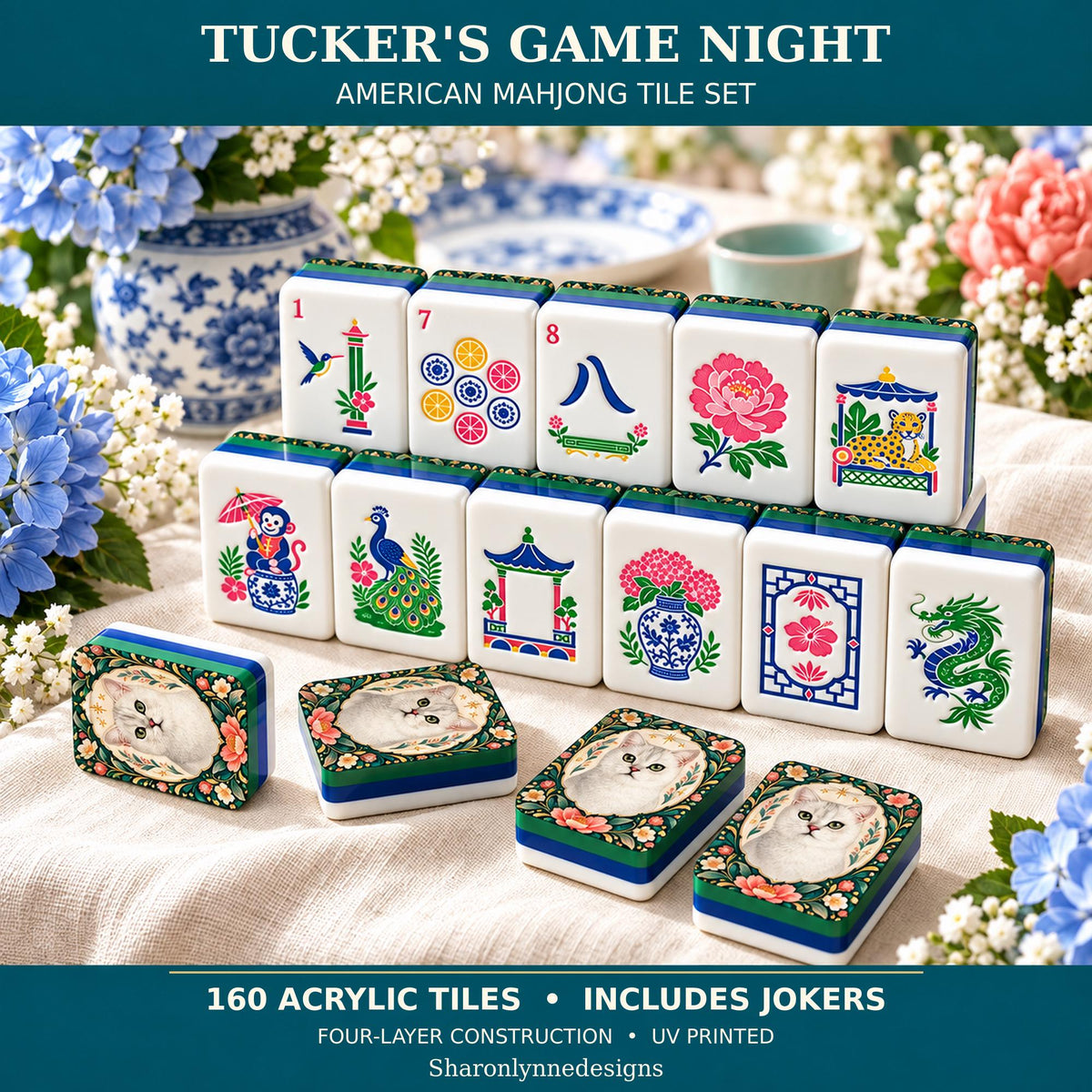 Acrylic American Mahjong Tile Set, 160 Pieces with Jokers and Cat Artwork