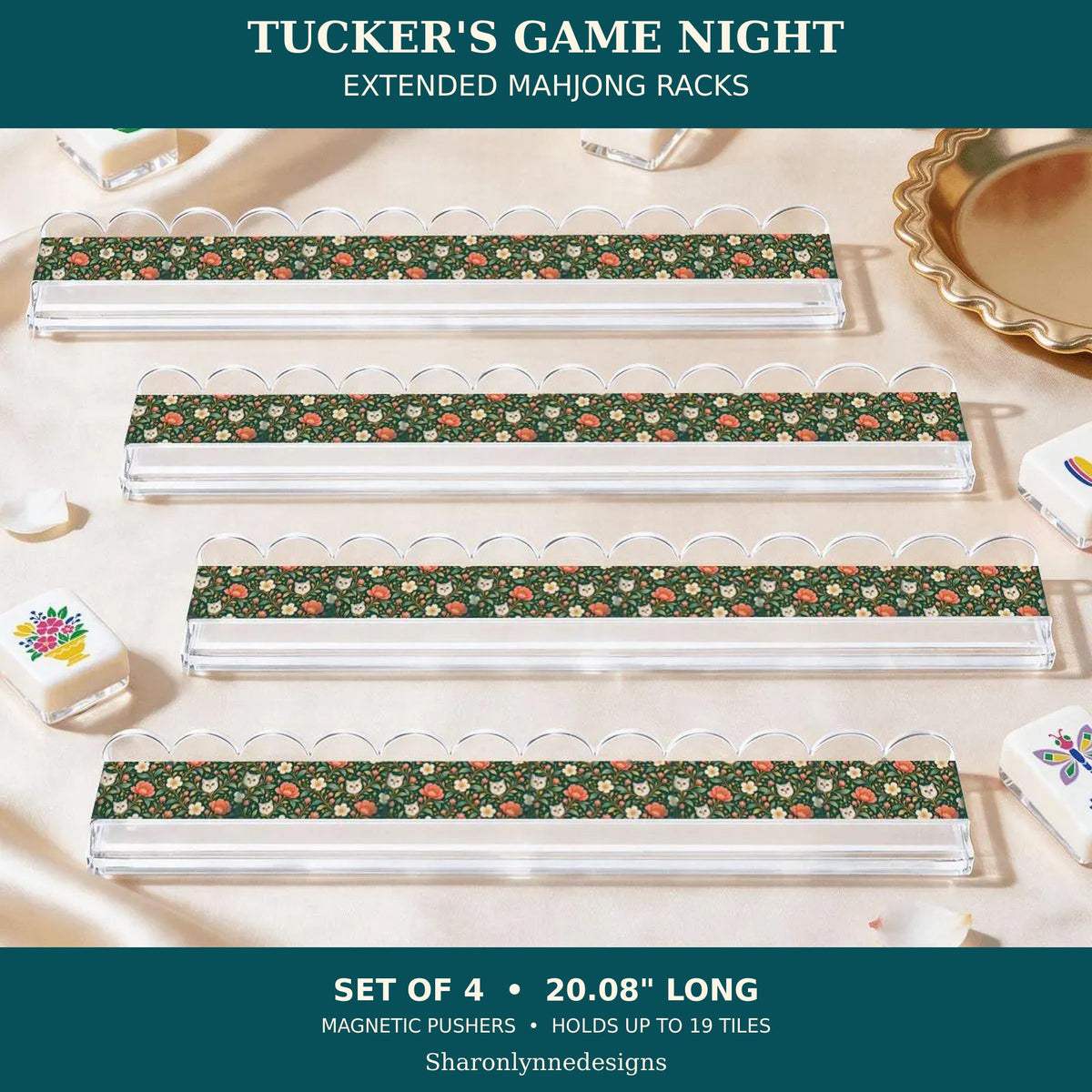 Acrylic Mahjong Racks, Set Of 4 With Magnetic Pushers And Cat Artwork