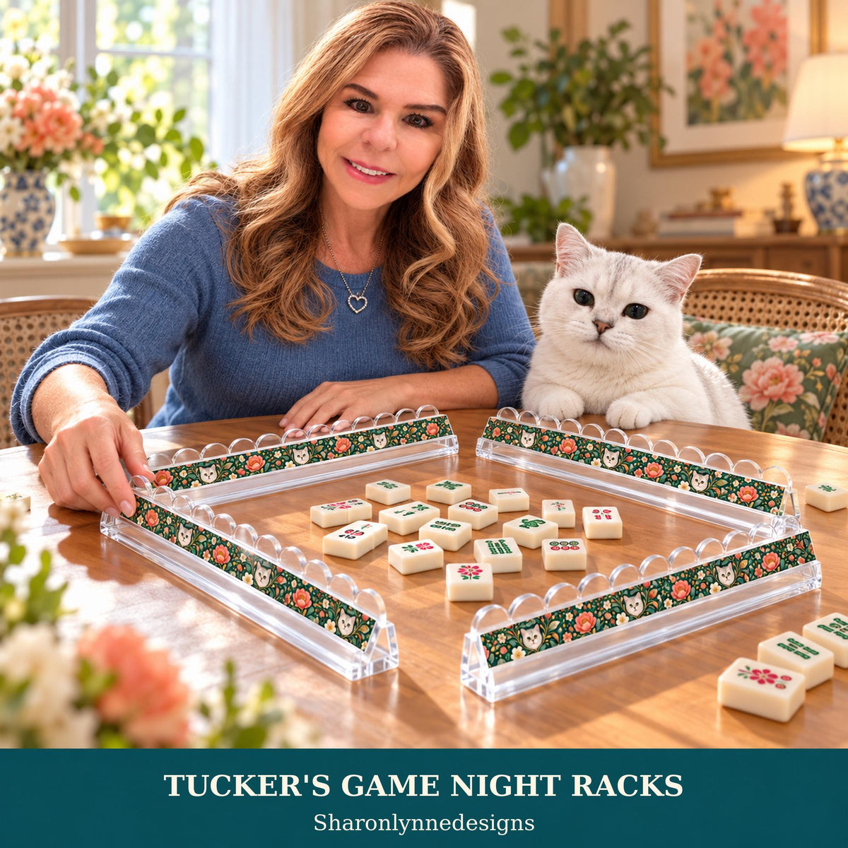 Acrylic Mahjong Racks, Set Of 4 With Magnetic Pushers And Cat Artwork