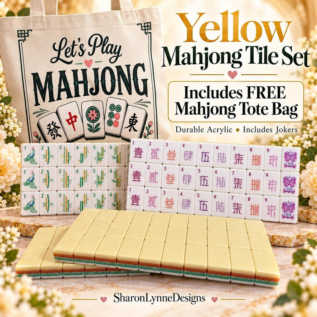 Yellow Acrylic American Mahjong Tile Set, UV-Printed Artwork With Jokers