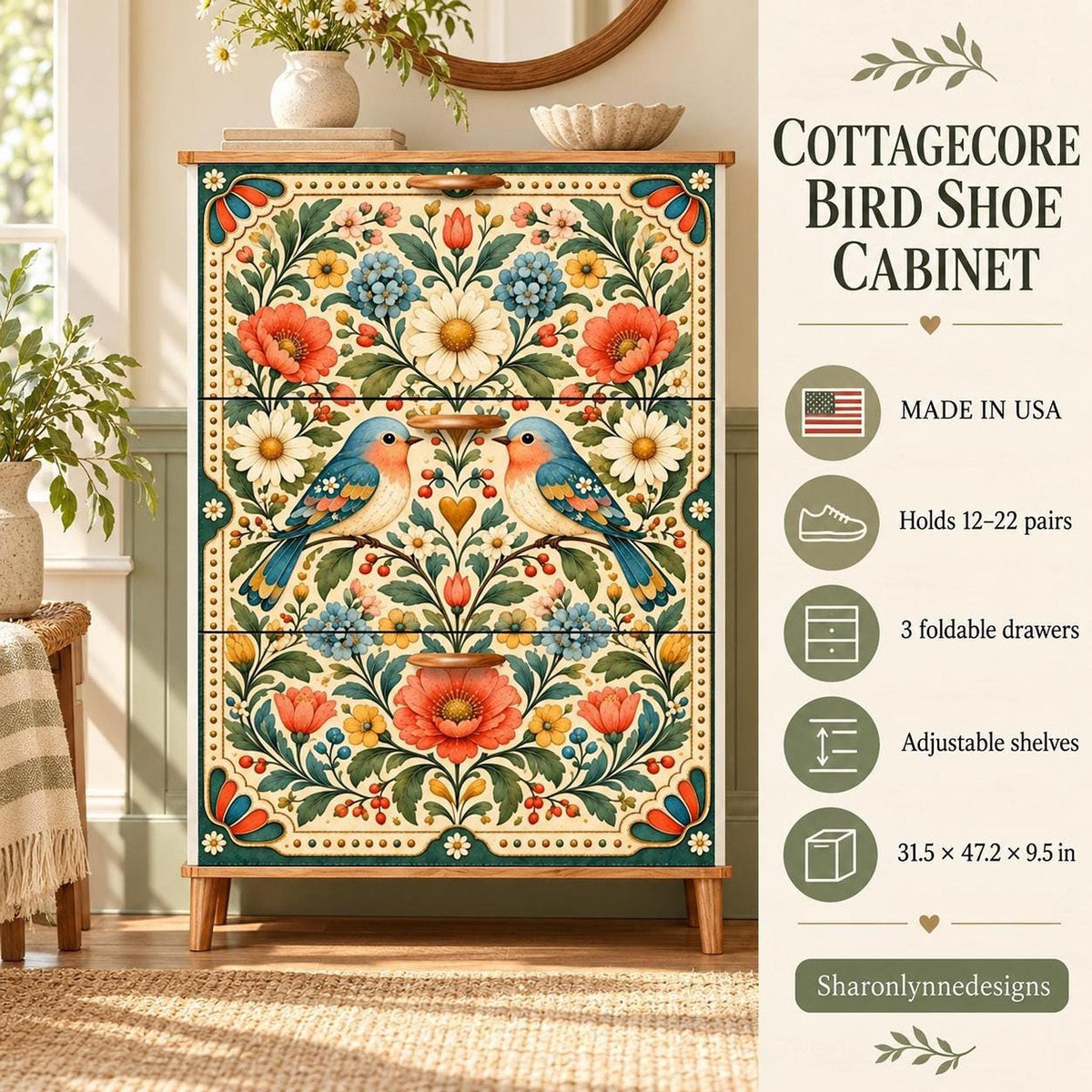 Bird Shoe Cabinet, Floral MDF Storage with Three Flip Drawers, 31.5 × 47.2 Inches