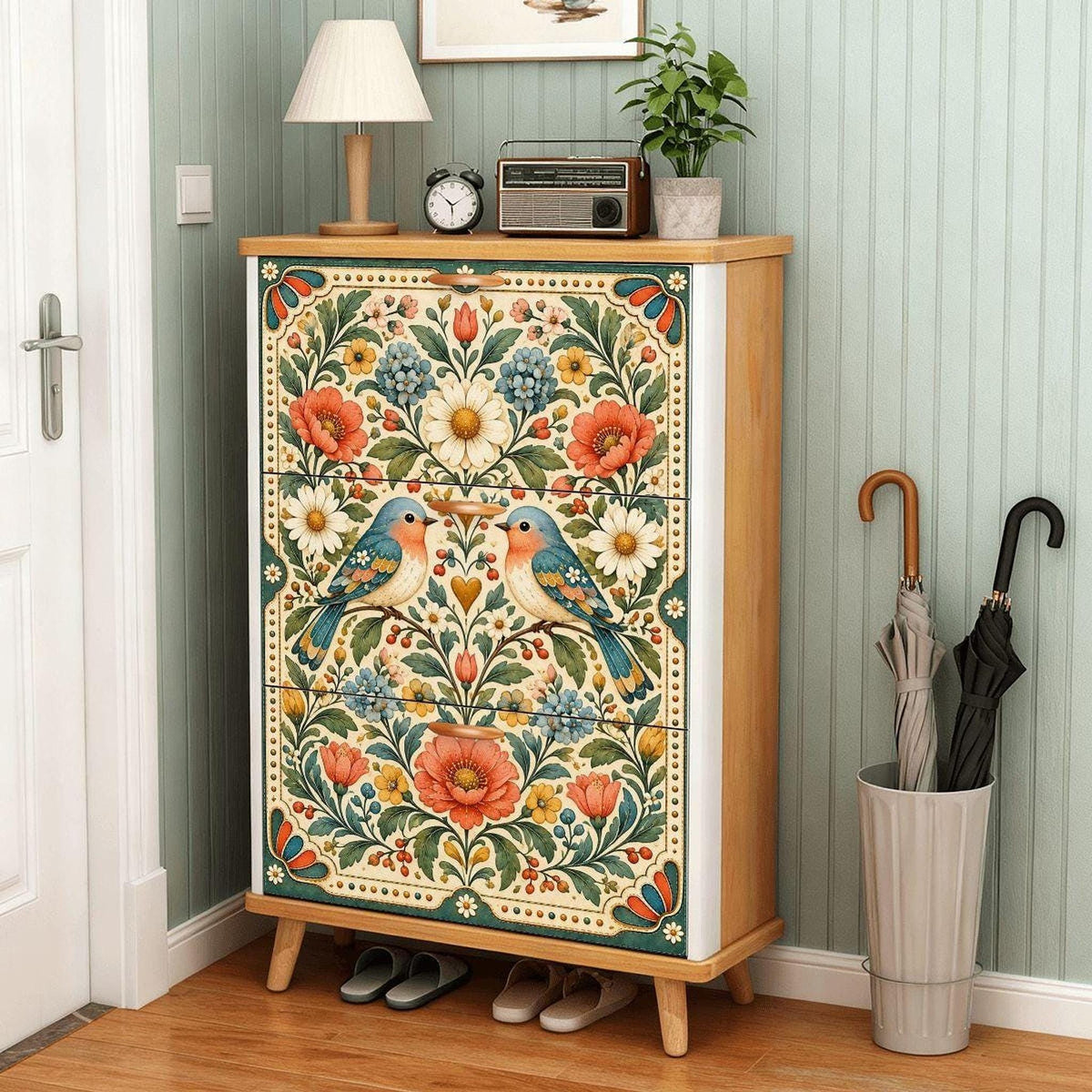 Bird Shoe Cabinet, Floral MDF Storage with Three Flip Drawers, 31.5 × 47.2 Inches