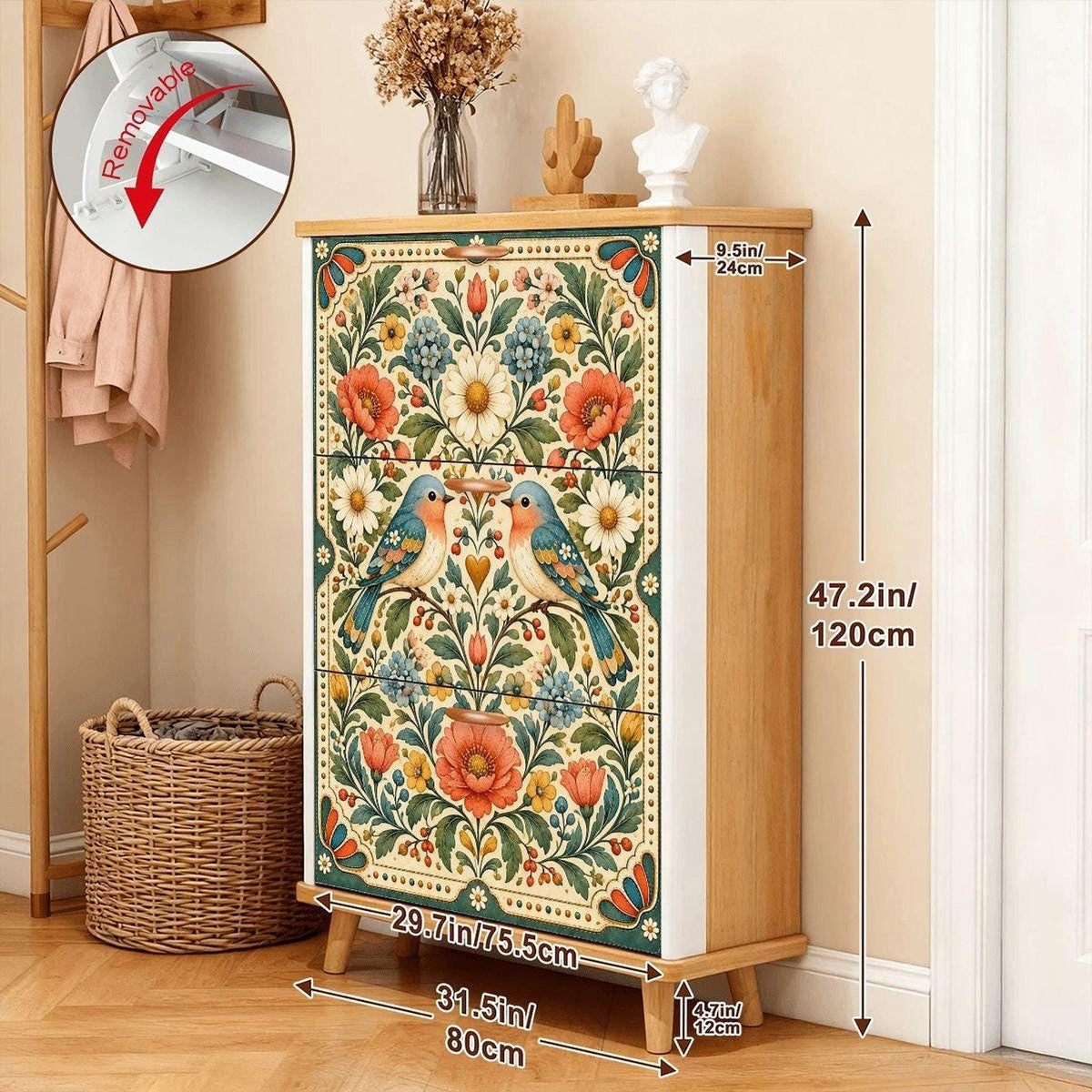Bird Shoe Cabinet, Floral MDF Storage with Three Flip Drawers, 31.5 × 47.2 Inches
