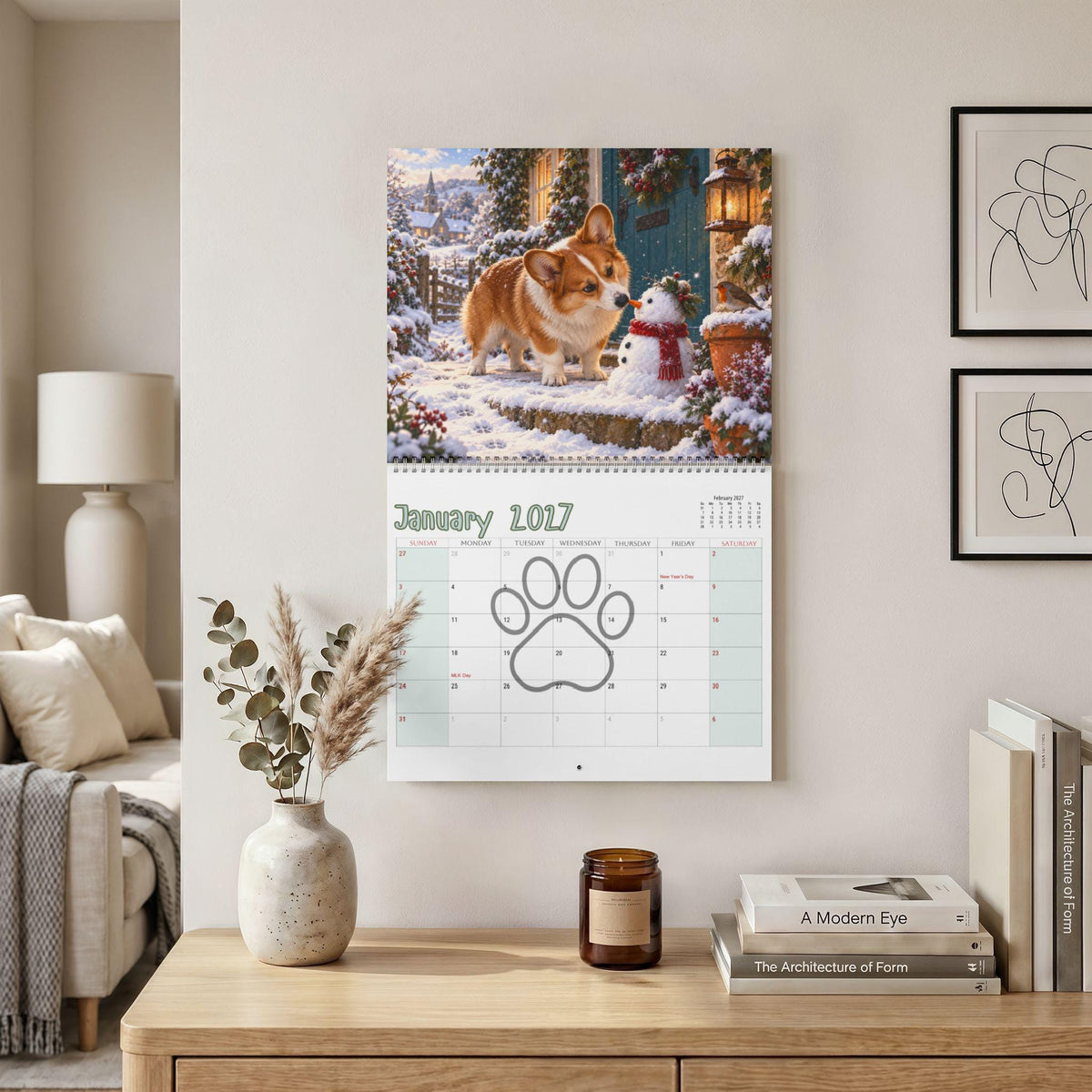 Curious Corgi 2027 Wall Calendar | Writable Monthly Grids, Spiral Bound