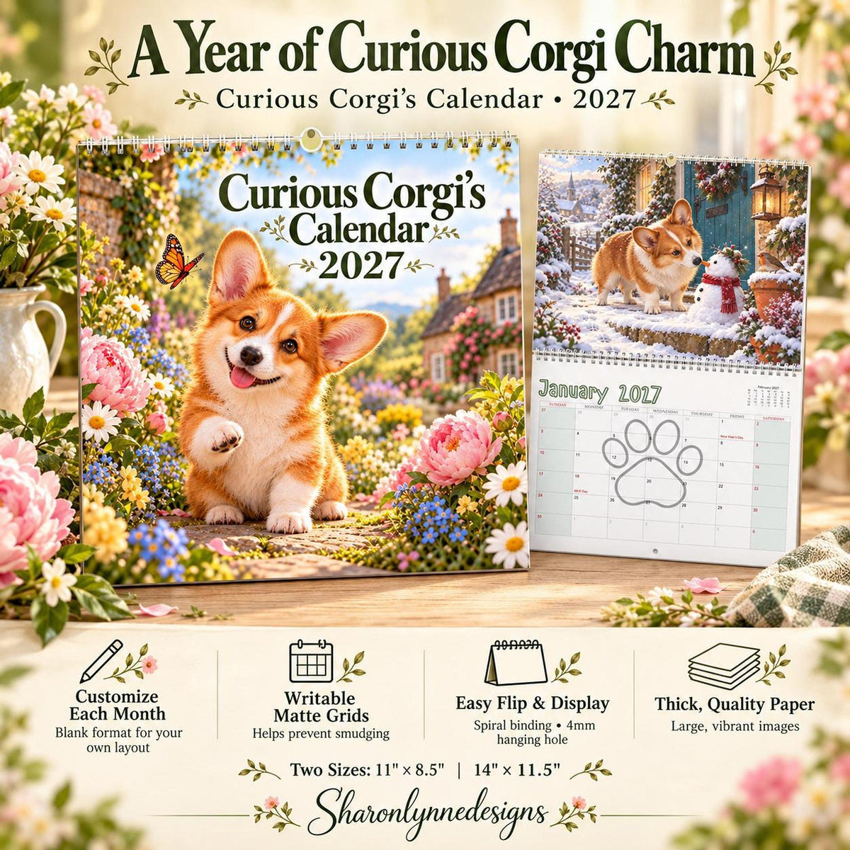 Curious Corgi 2027 Wall Calendar | Writable Monthly Grids, Spiral Bound