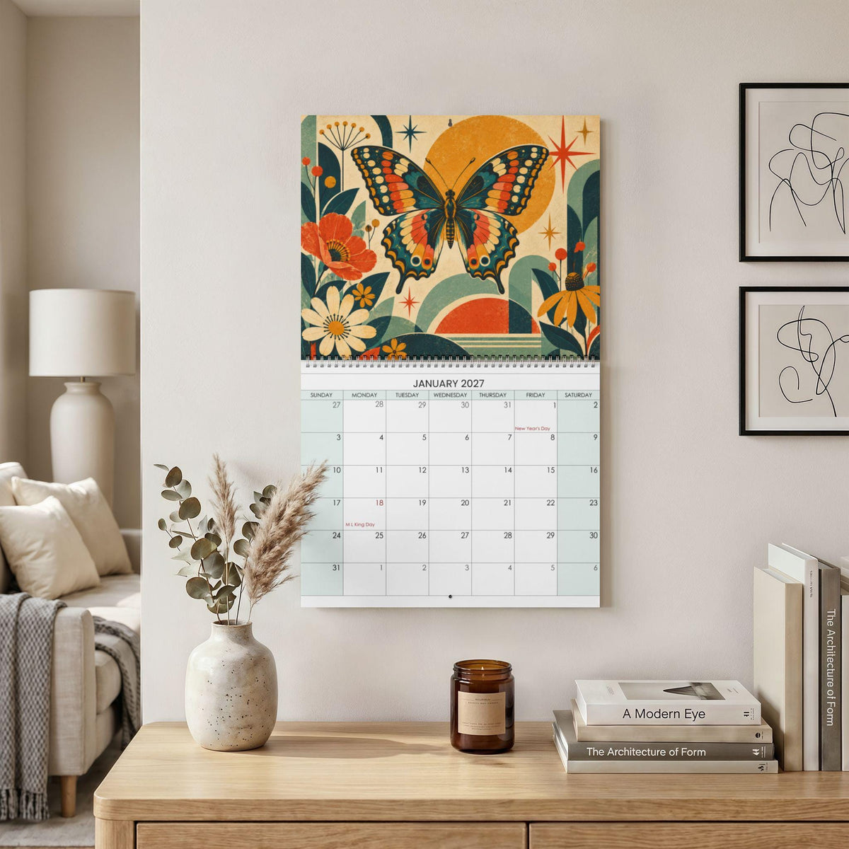 2027 Butterfly Wall Calendar, Retro Dragonfly Art on Matte Paper