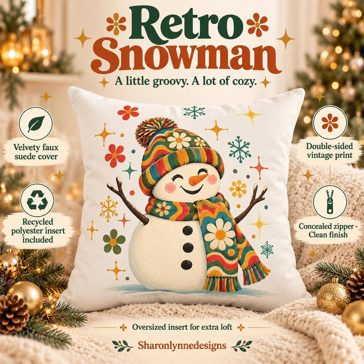 Retro Floral Snowman Faux Suede Pillow | Cozy Winter Holiday Decor