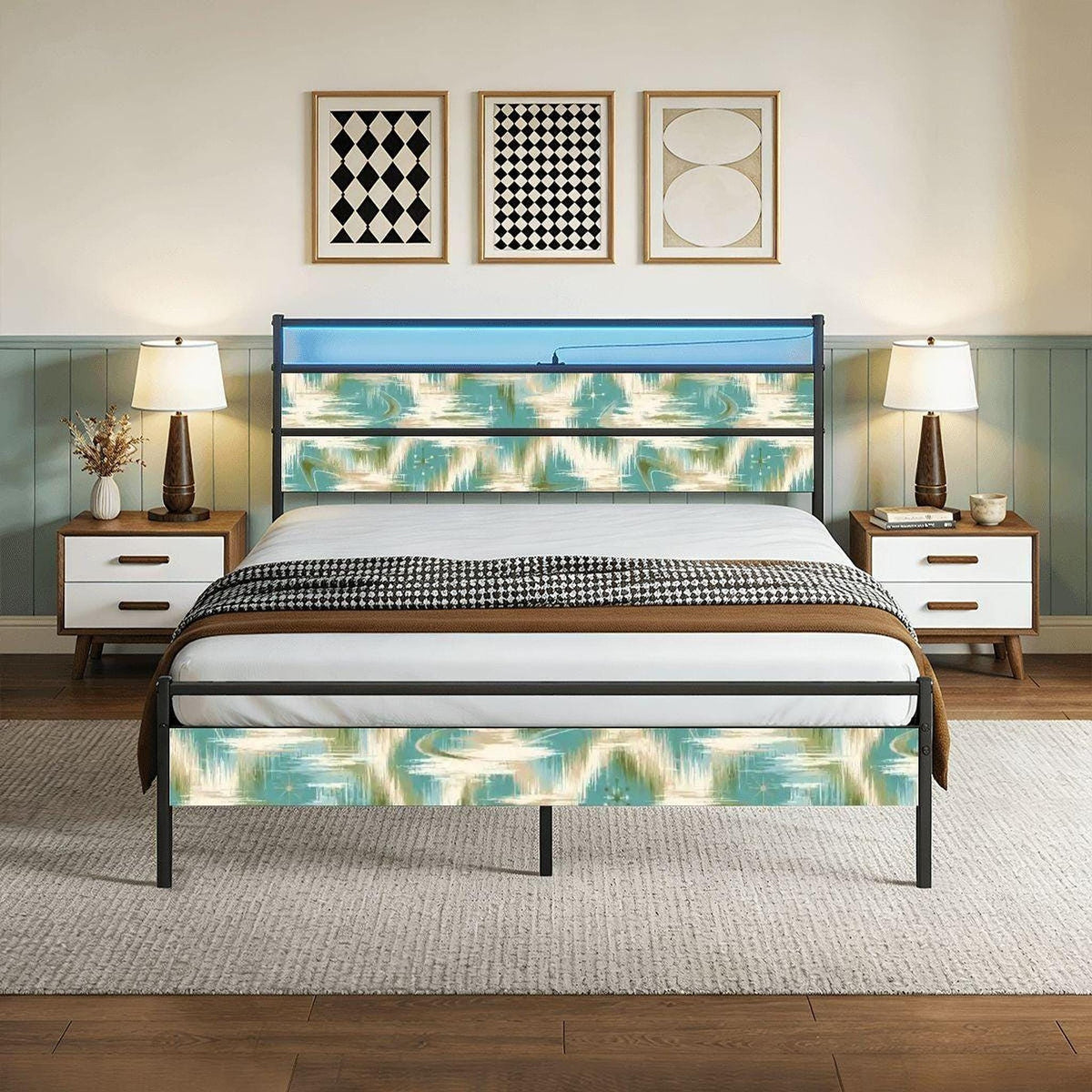 Retro Bed Frame, Teal Iron and Wood Furniture with LED Lighting and USB Ports