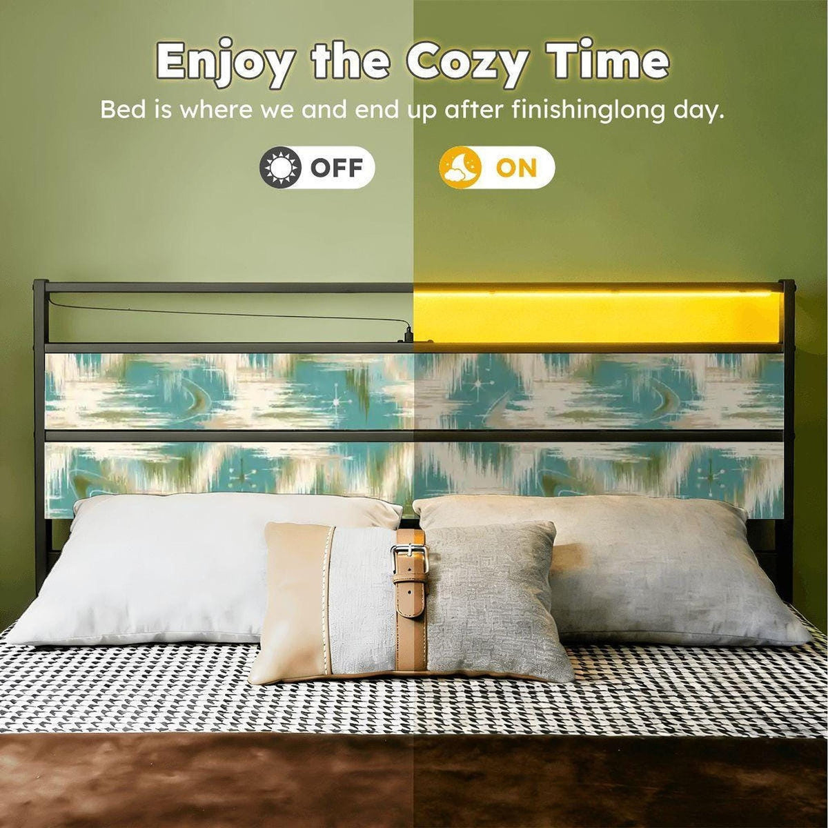 Retro Bed Frame, Teal Iron and Wood Furniture with LED Lighting and USB Ports
