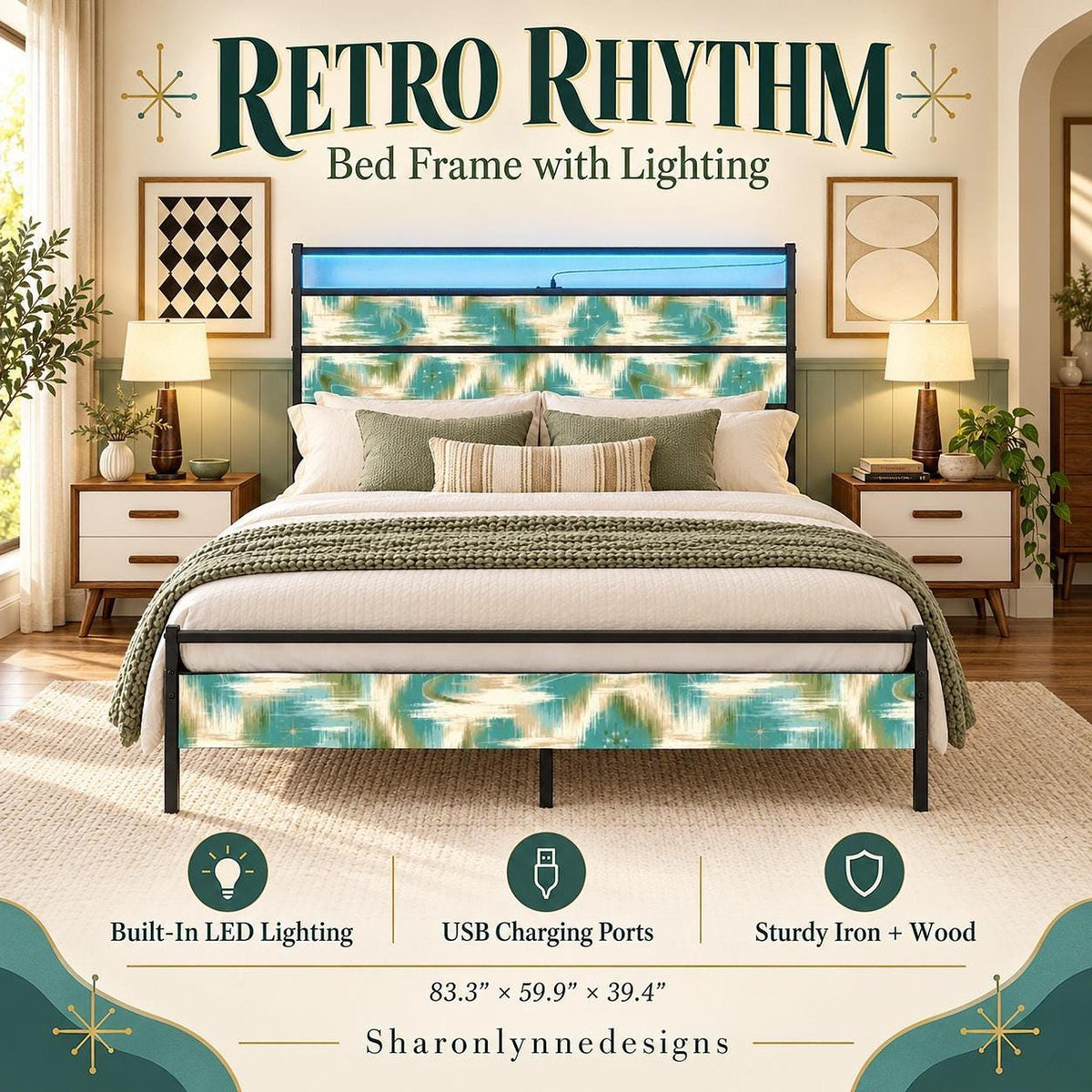 Retro Bed Frame, Teal Iron and Wood Furniture with LED Lighting and USB Ports