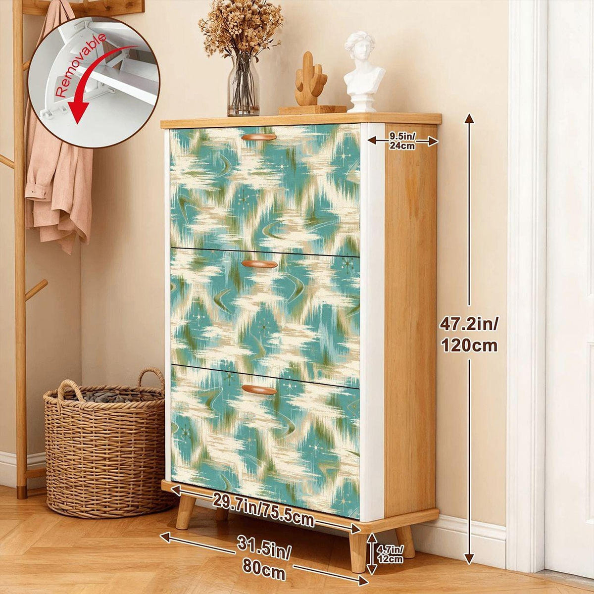 Retro Shoe Cabinet, Teal MDF Entryway Storage with 3 Flip Drawers