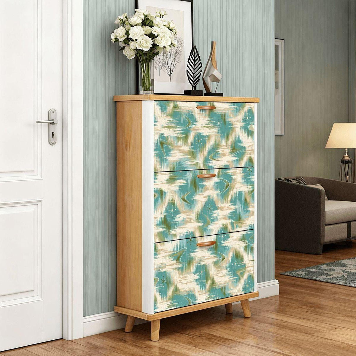 Retro Shoe Cabinet, Teal MDF Entryway Storage with 3 Flip Drawers
