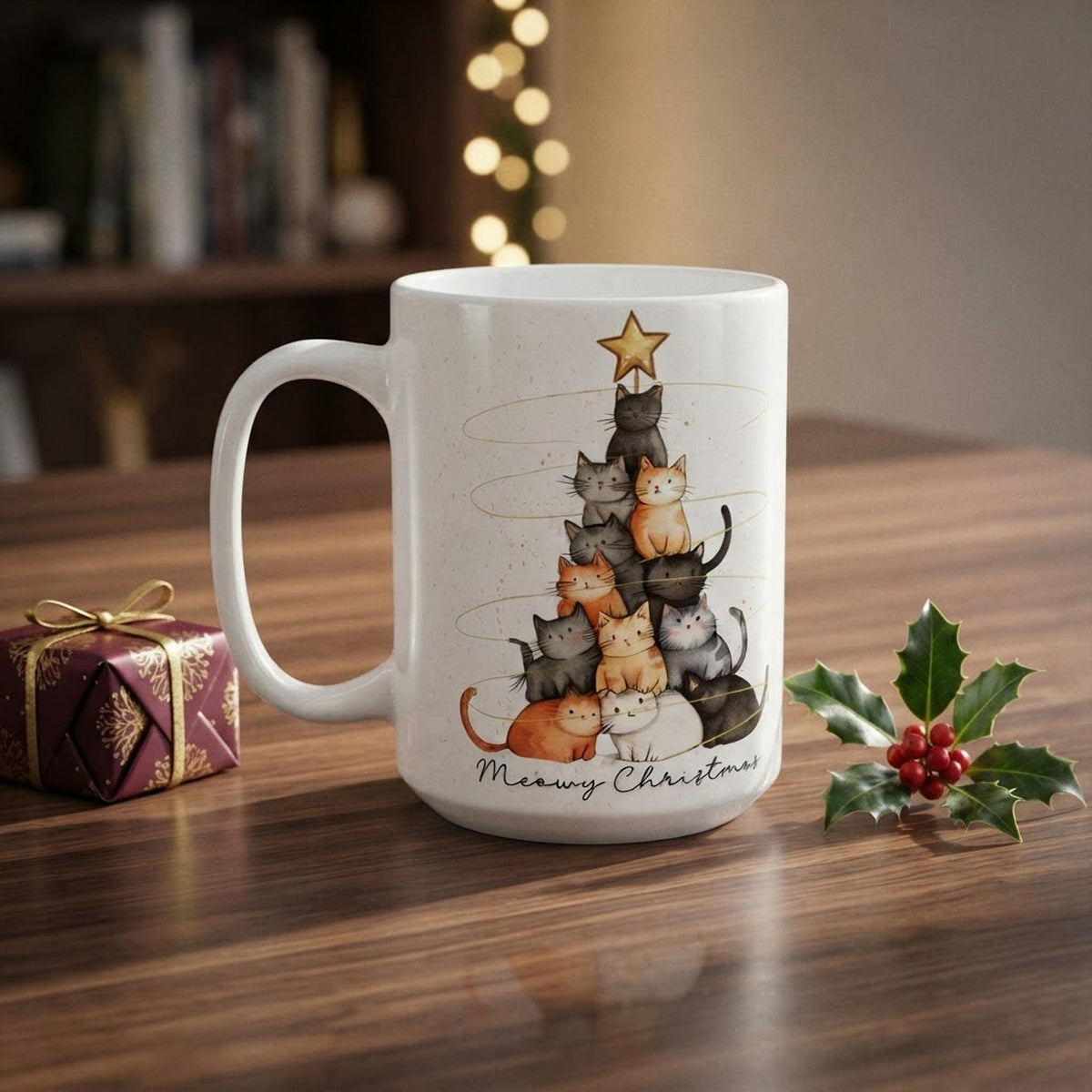 Christmas Cat Mug, White Ceramic Coffee Cup in 11oz or 15oz Sizes