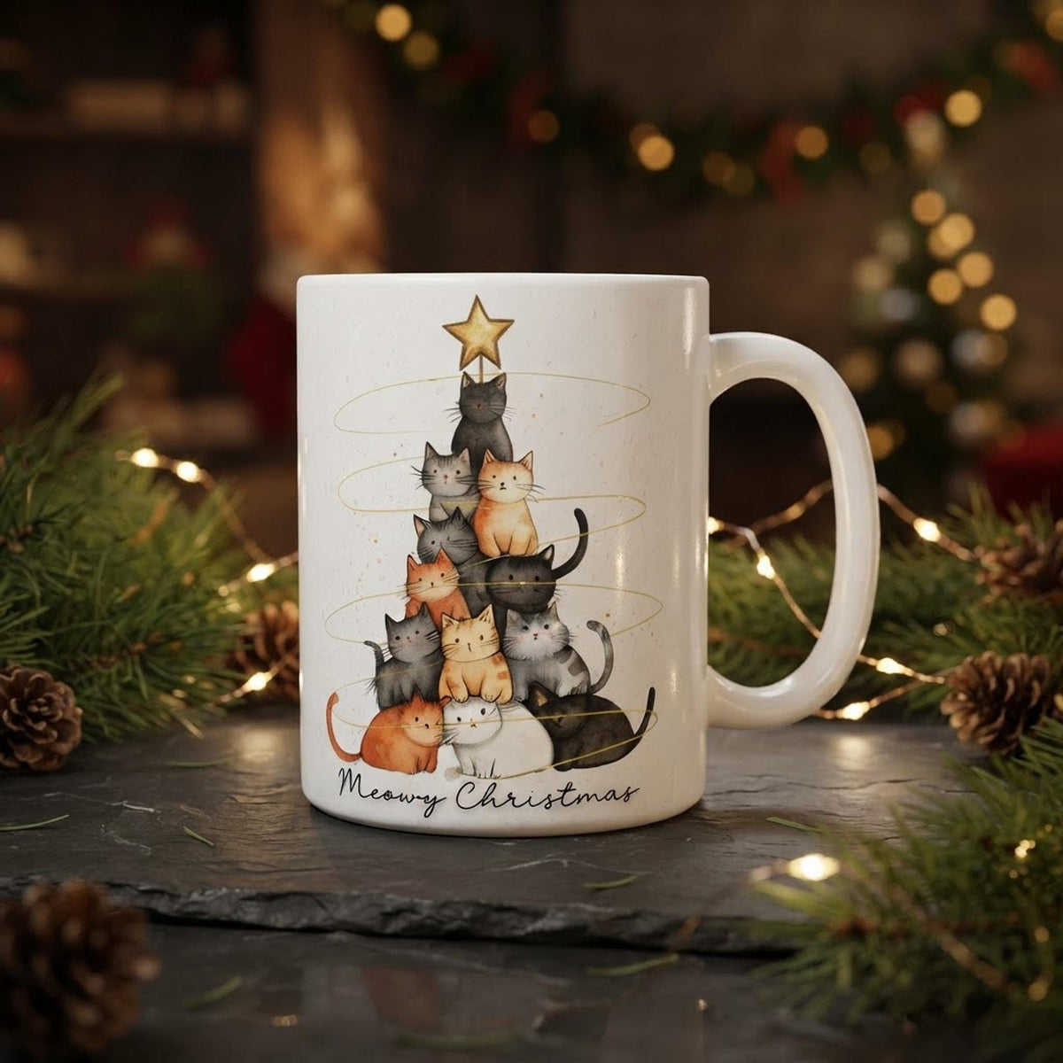 Christmas Cat Mug, White Ceramic Coffee Cup in 11oz or 15oz Sizes
