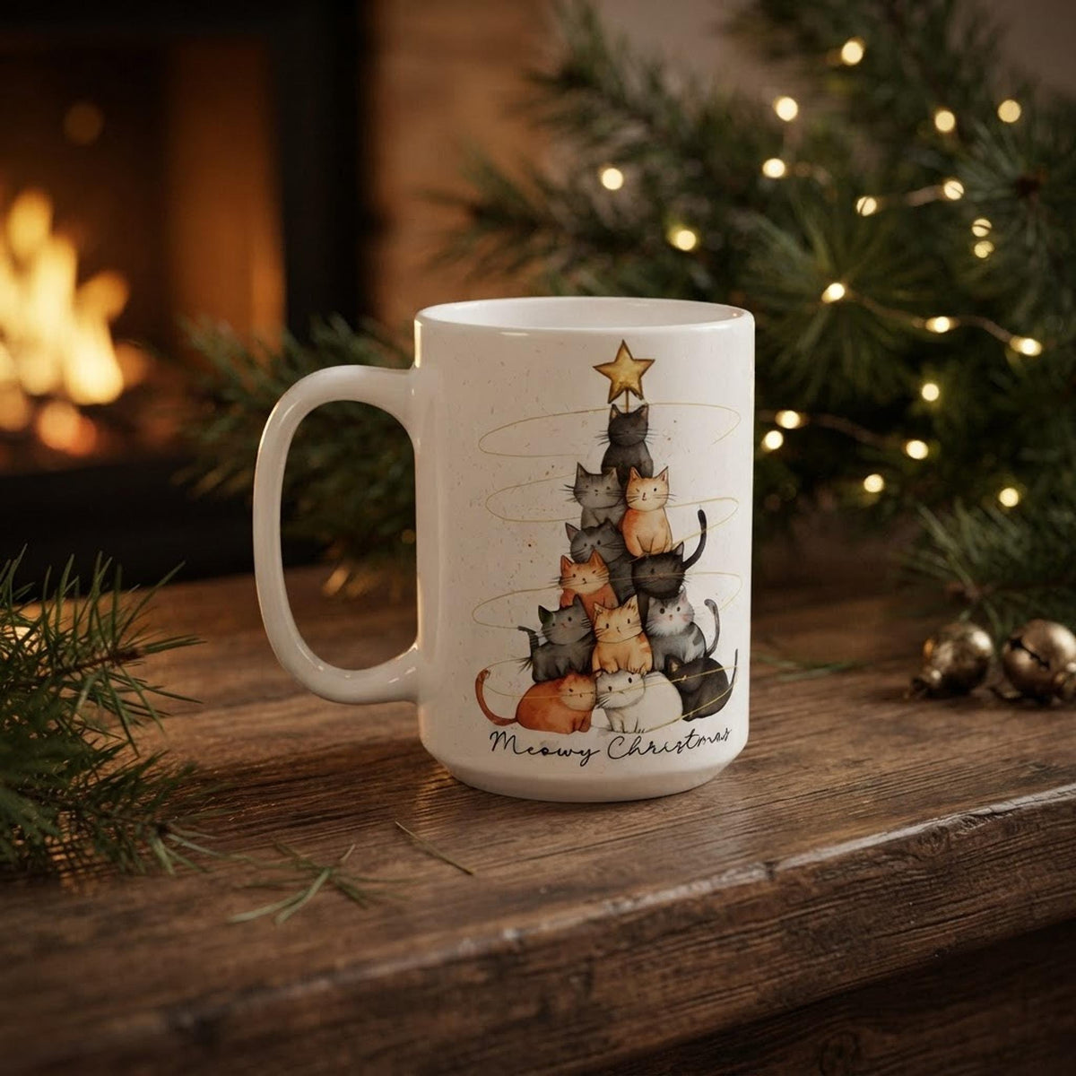 Christmas Cat Mug, White Ceramic Coffee Cup in 11oz or 15oz Sizes
