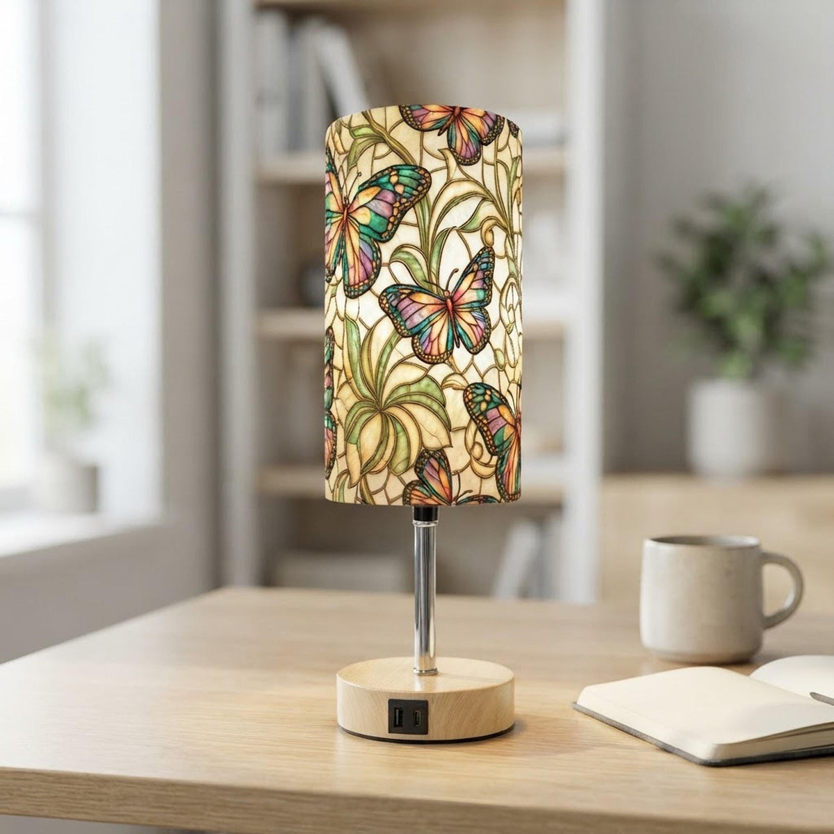 Butterfly Touch Bedside Lamp, 15.9-Inch Fabric Shade with USB and Type-C Charging