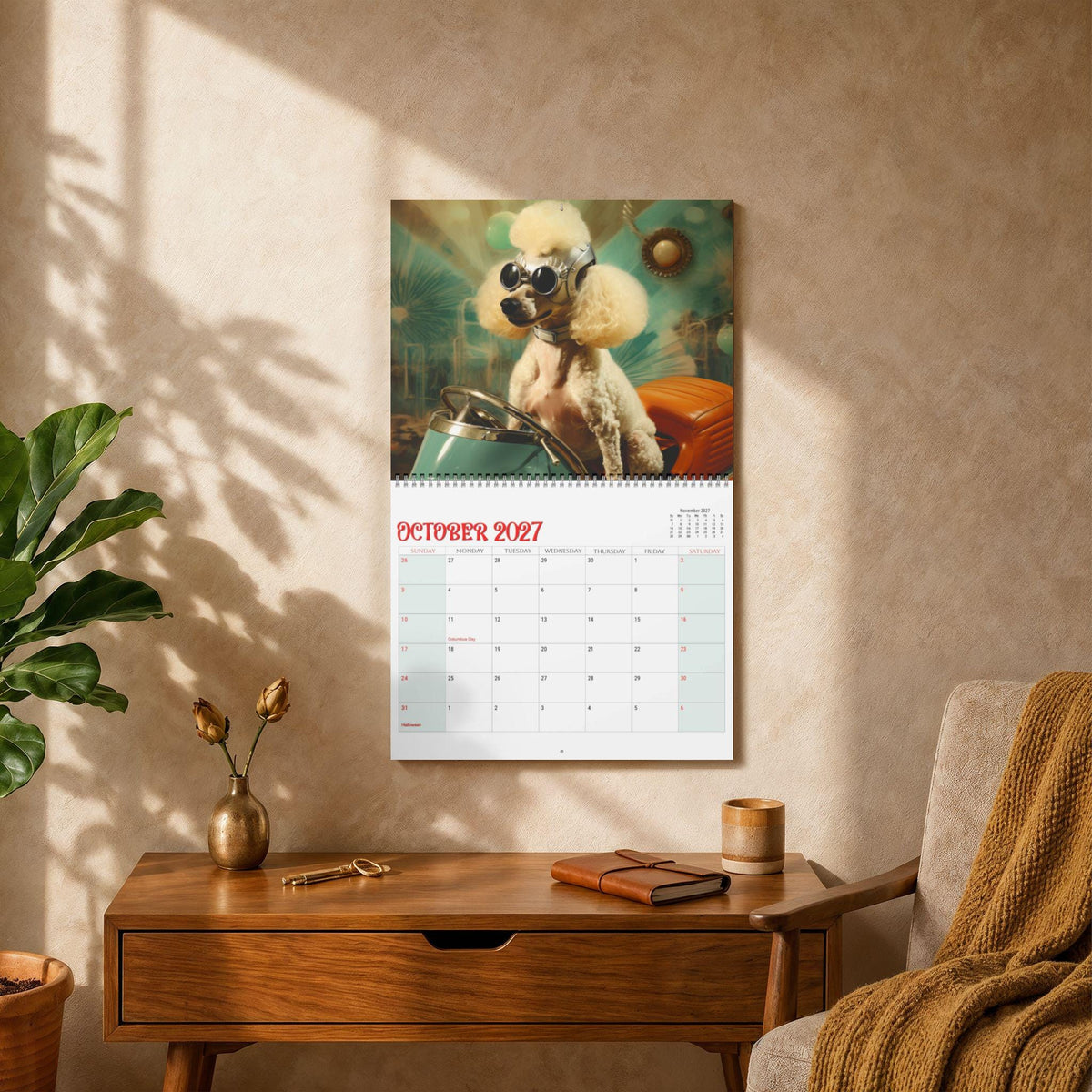Dog Wall Calendar, Mid-Century Dog Art with Blank Grids and Wire Binding