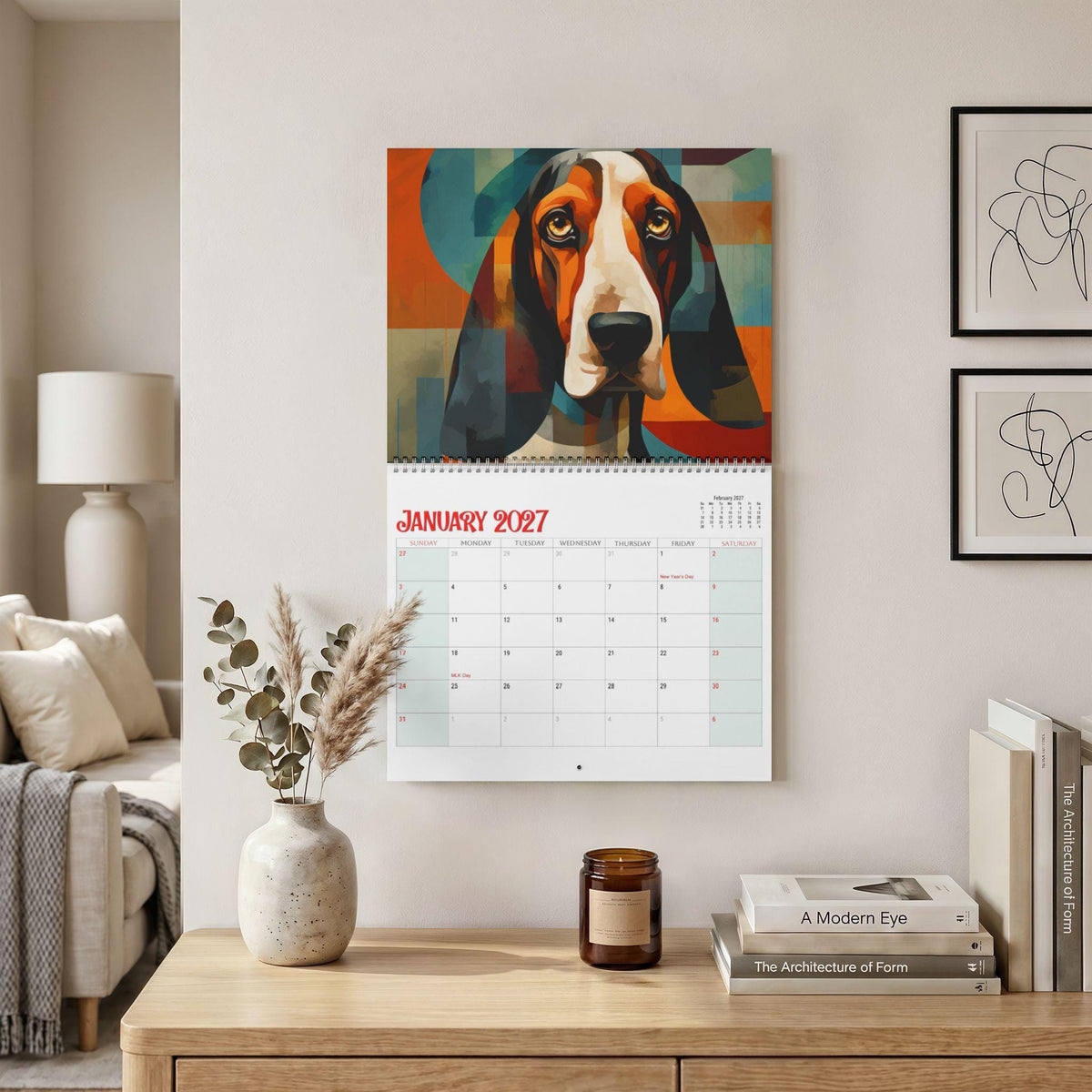 Dog Wall Calendar, Mid-Century Dog Art with Blank Grids and Wire Binding