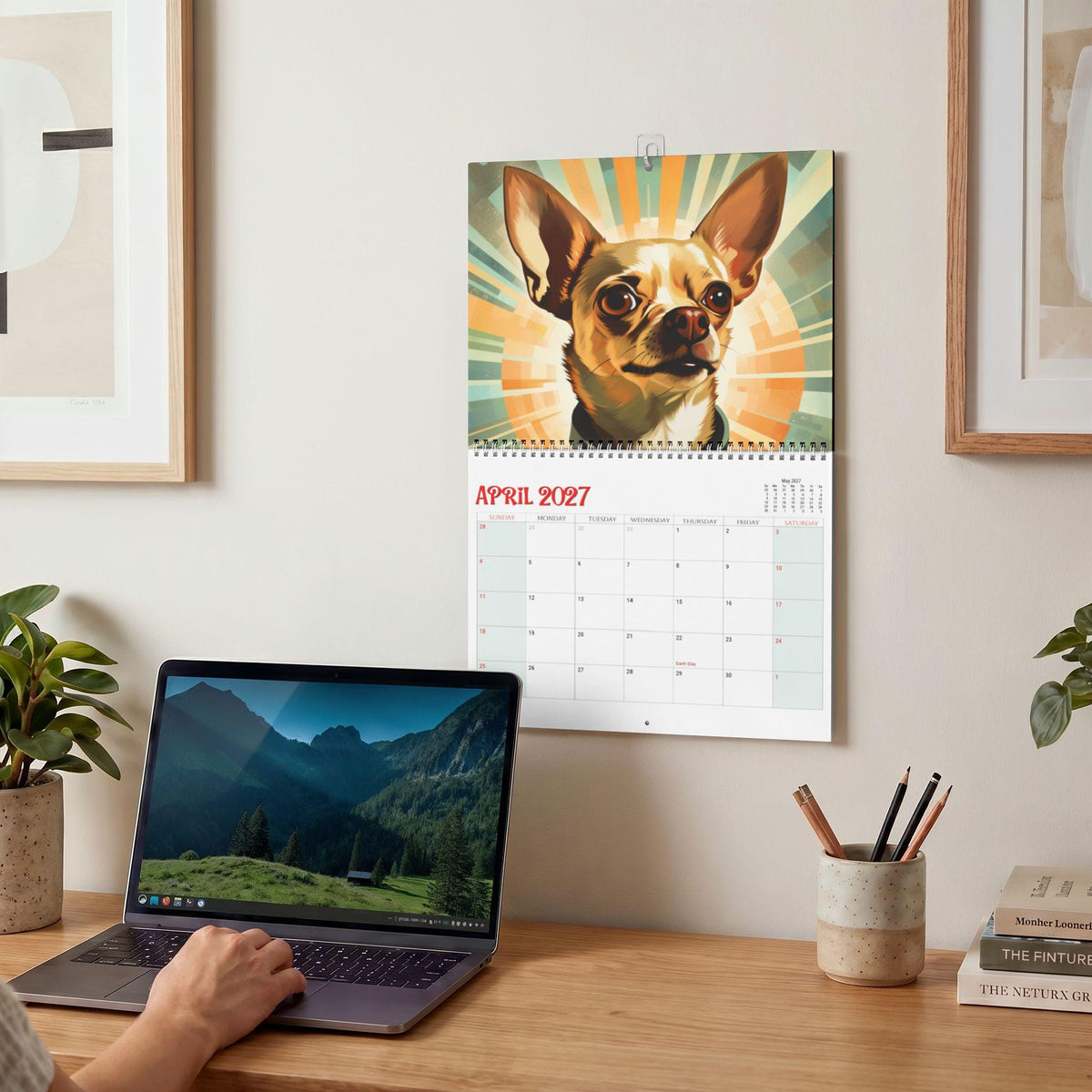Dog Wall Calendar, Mid-Century Dog Art with Blank Grids and Wire Binding