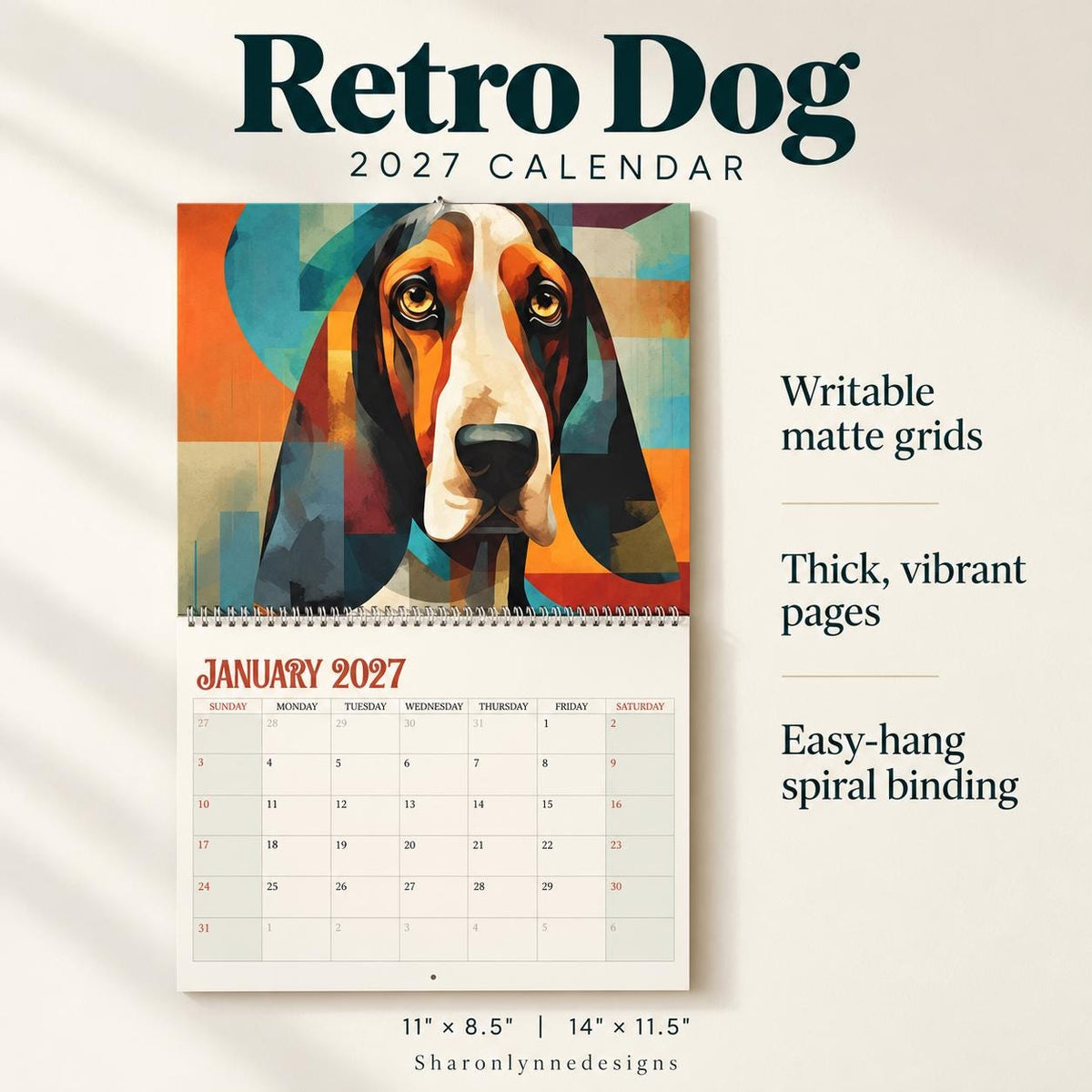 Dog Wall Calendar, Mid-Century Dog Art with Blank Grids and Wire Binding