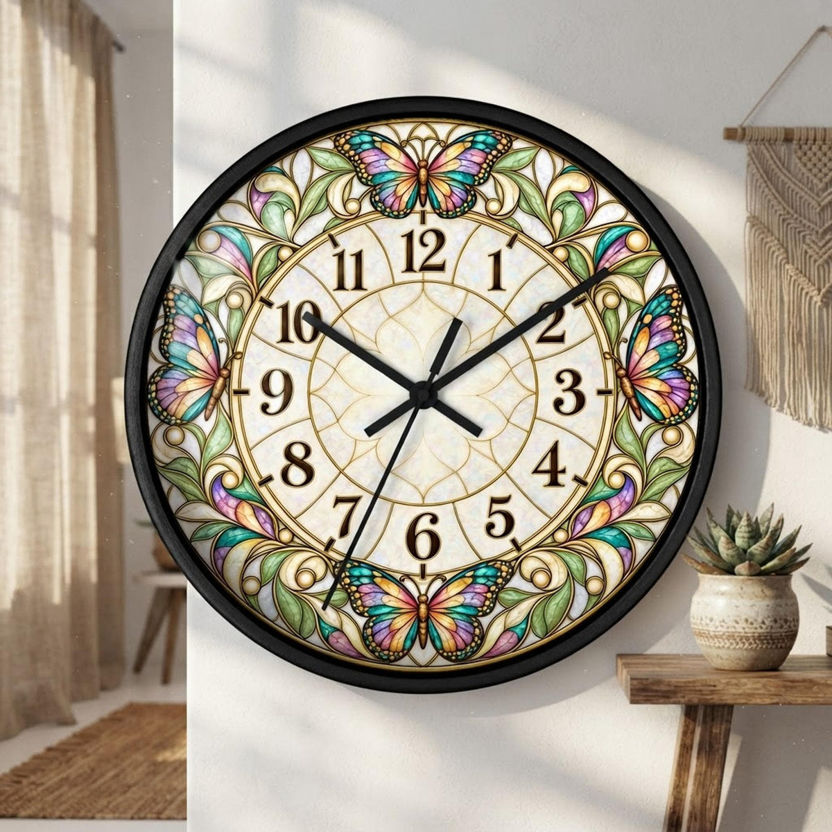 Stained Glass Butterflies Wall Clock | Vintage Floral Art Deco Timepiece