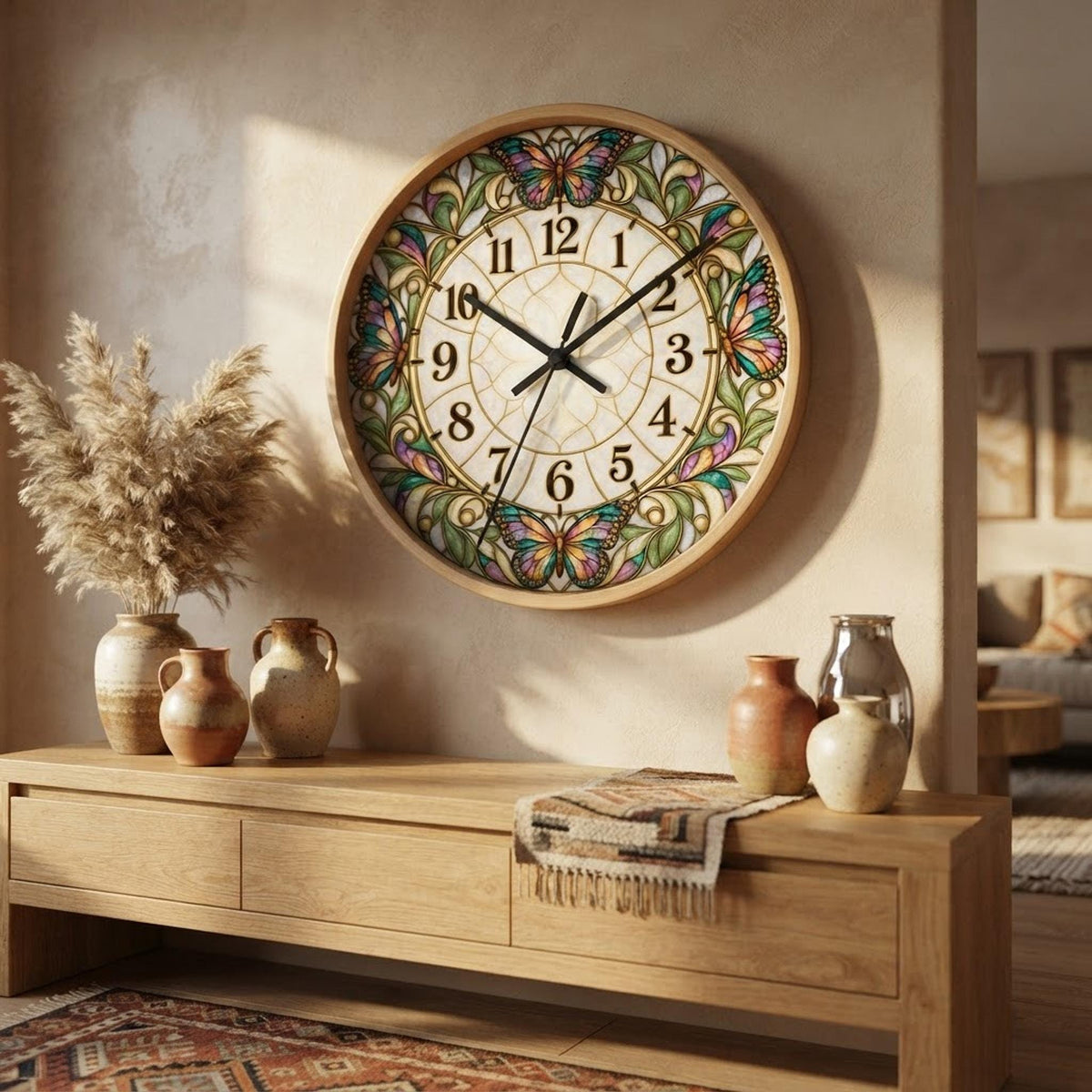 Stained Glass Butterflies Wall Clock | Vintage Floral Art Deco Timepiece
