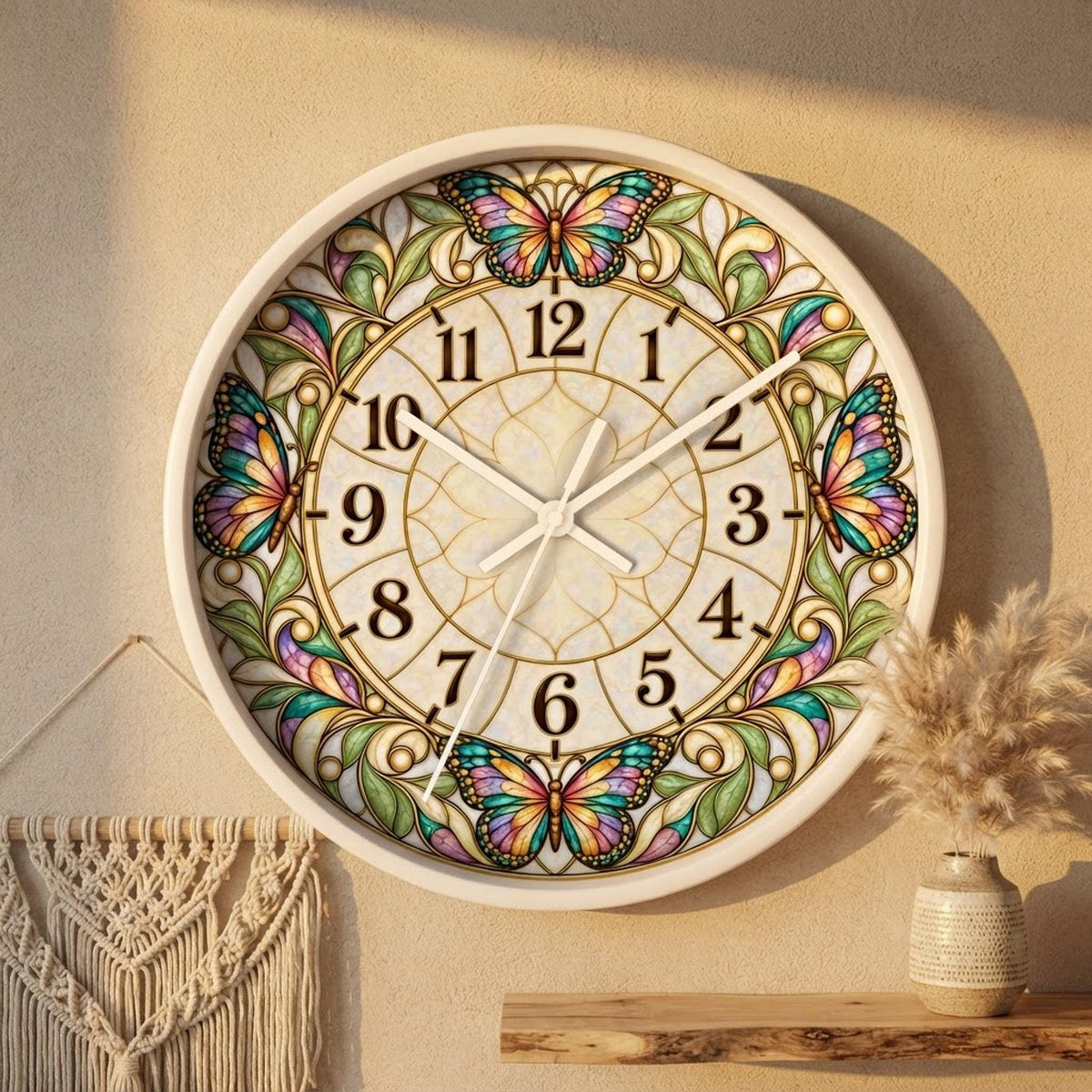 Stained Glass Butterflies Wall Clock | Vintage Floral Art Deco Timepiece