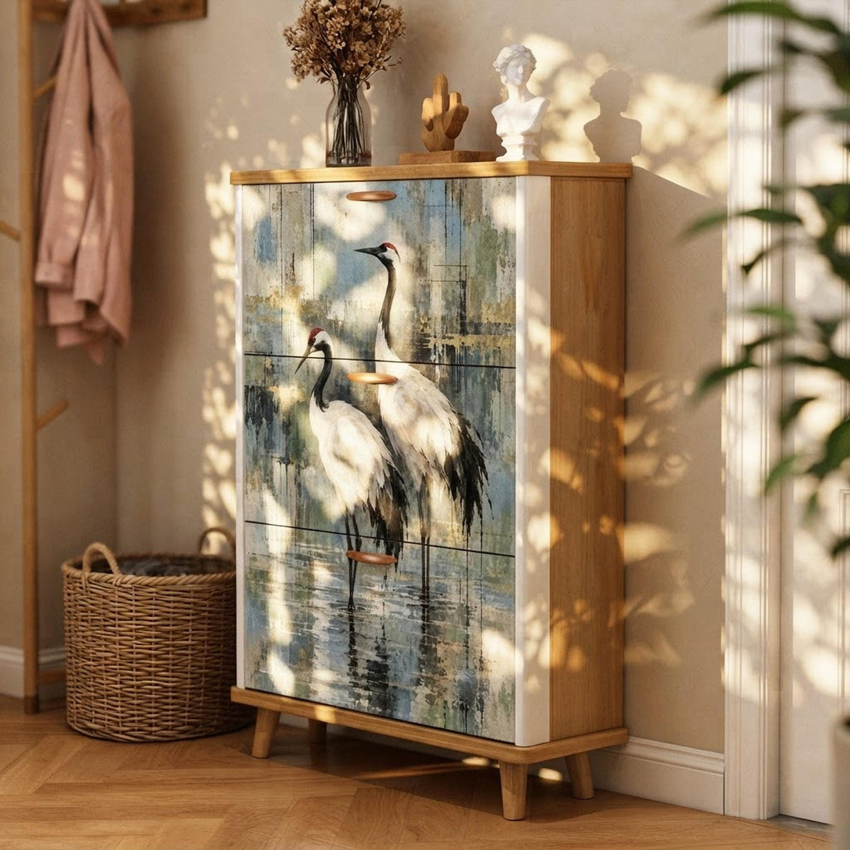 Shoe Storage Cabinet With Crane Art, 9.5-Inch Slim MDF Entryway Furniture