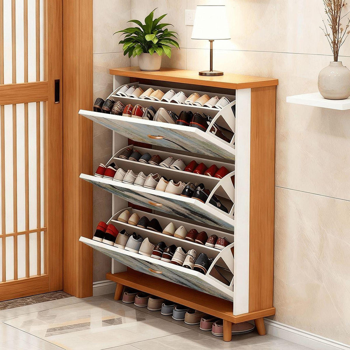 Shoe Storage Cabinet With Crane Art, 9.5-Inch Slim MDF Entryway Furniture