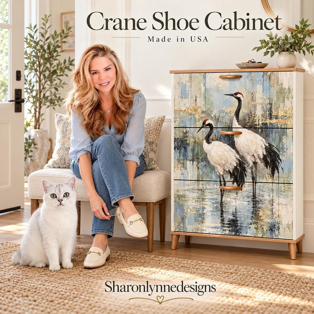 Shoe Storage Cabinet With Crane Art, 9.5-Inch Slim MDF Entryway Furniture