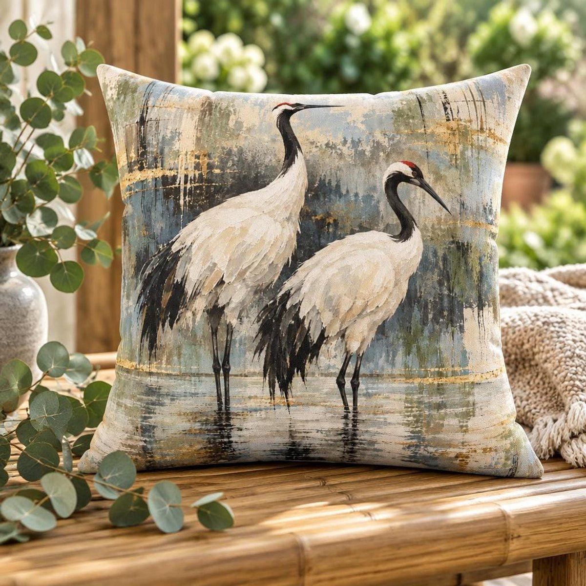 Crane Square Pillow, Faux Suede Cover with Double-Sided Painterly Print
