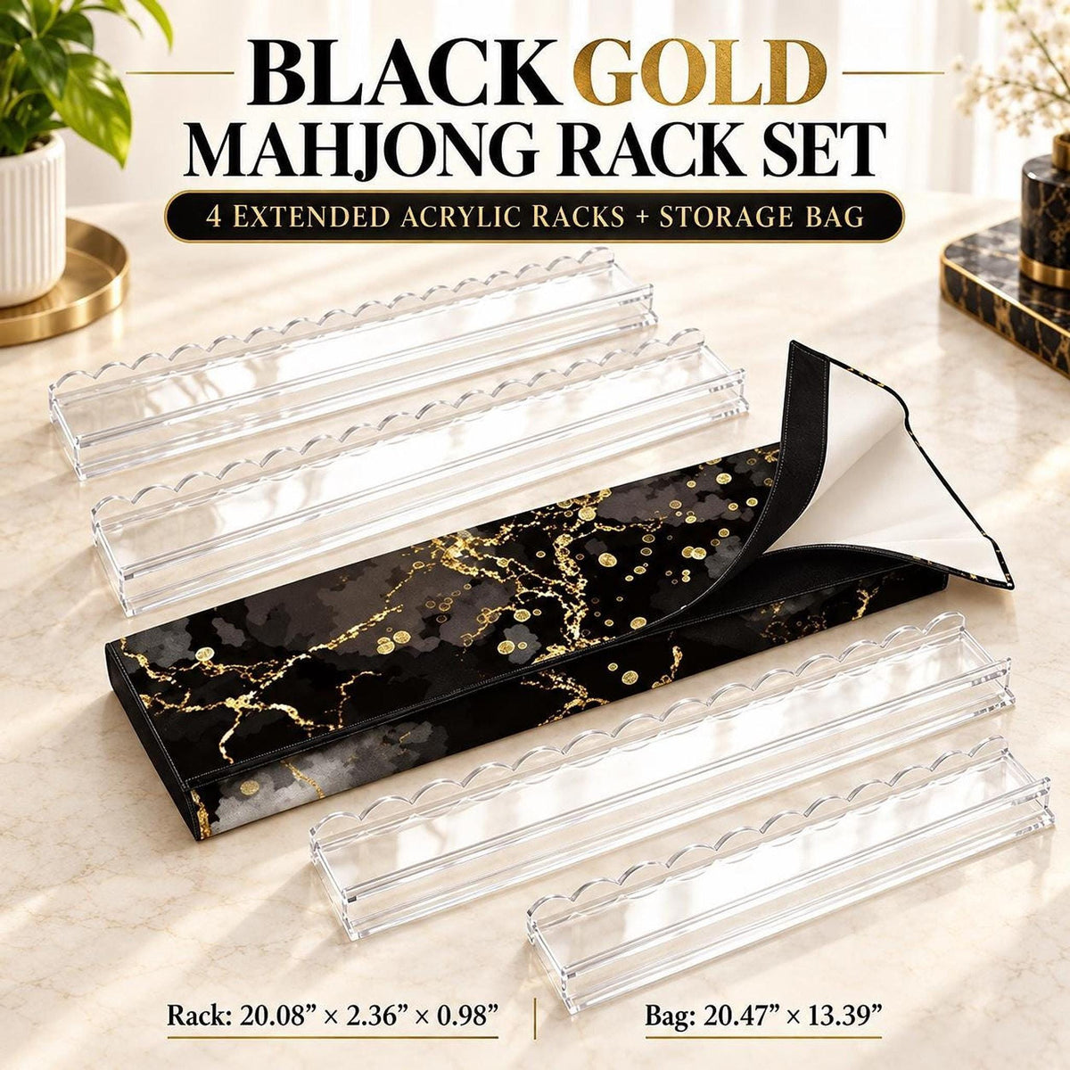 Black Marble Mahjong Rack Set, Four Extended Acrylic with Scalloped Pushers