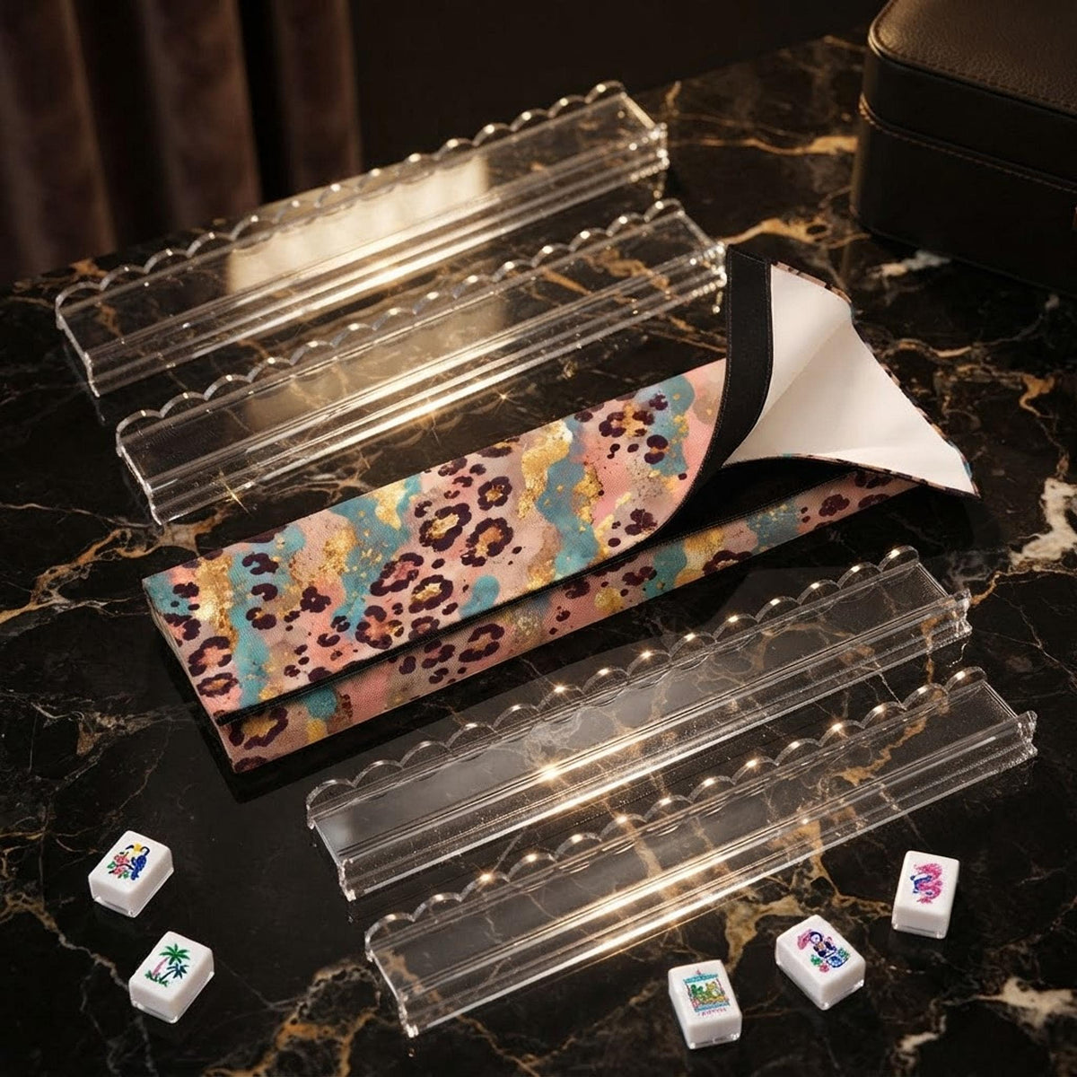 Colorful Cheetah Mahjong Racks, Set of 4 Acrylic with Pushers and Storage Bag